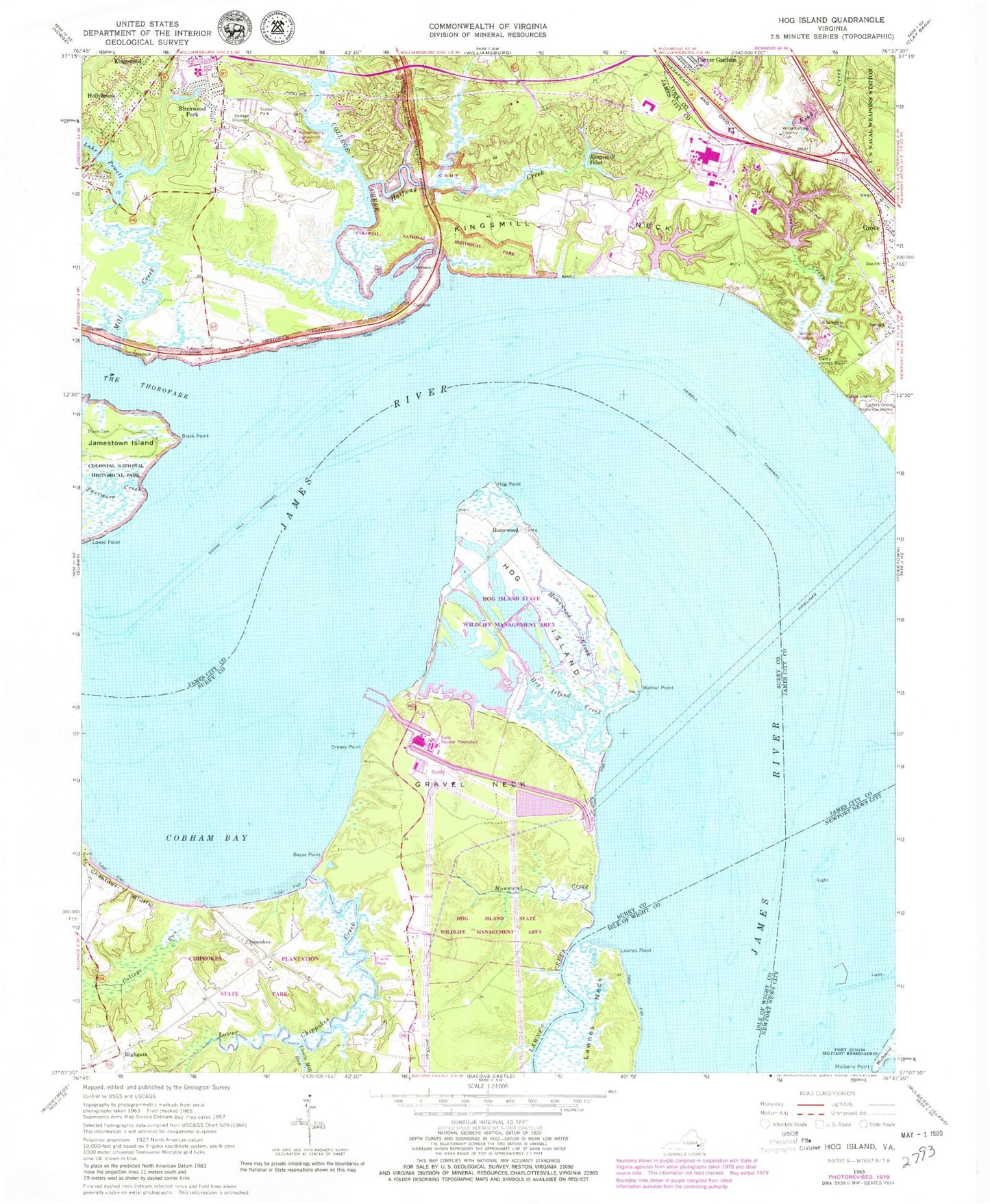 Classic USGS Hog Island Virginia 7.5'x7.5' Topo Map Image