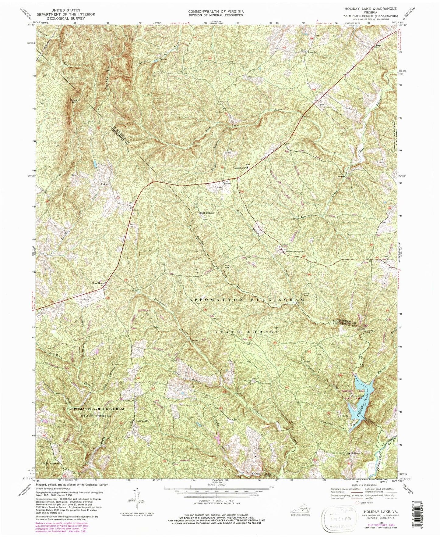 Classic USGS Holiday Lake Virginia 7.5'x7.5' Topo Map Image