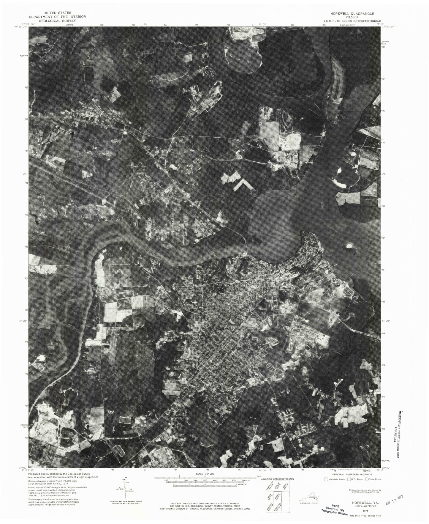 Classic USGS Hopewell Virginia 7.5'x7.5' Topo Map Image