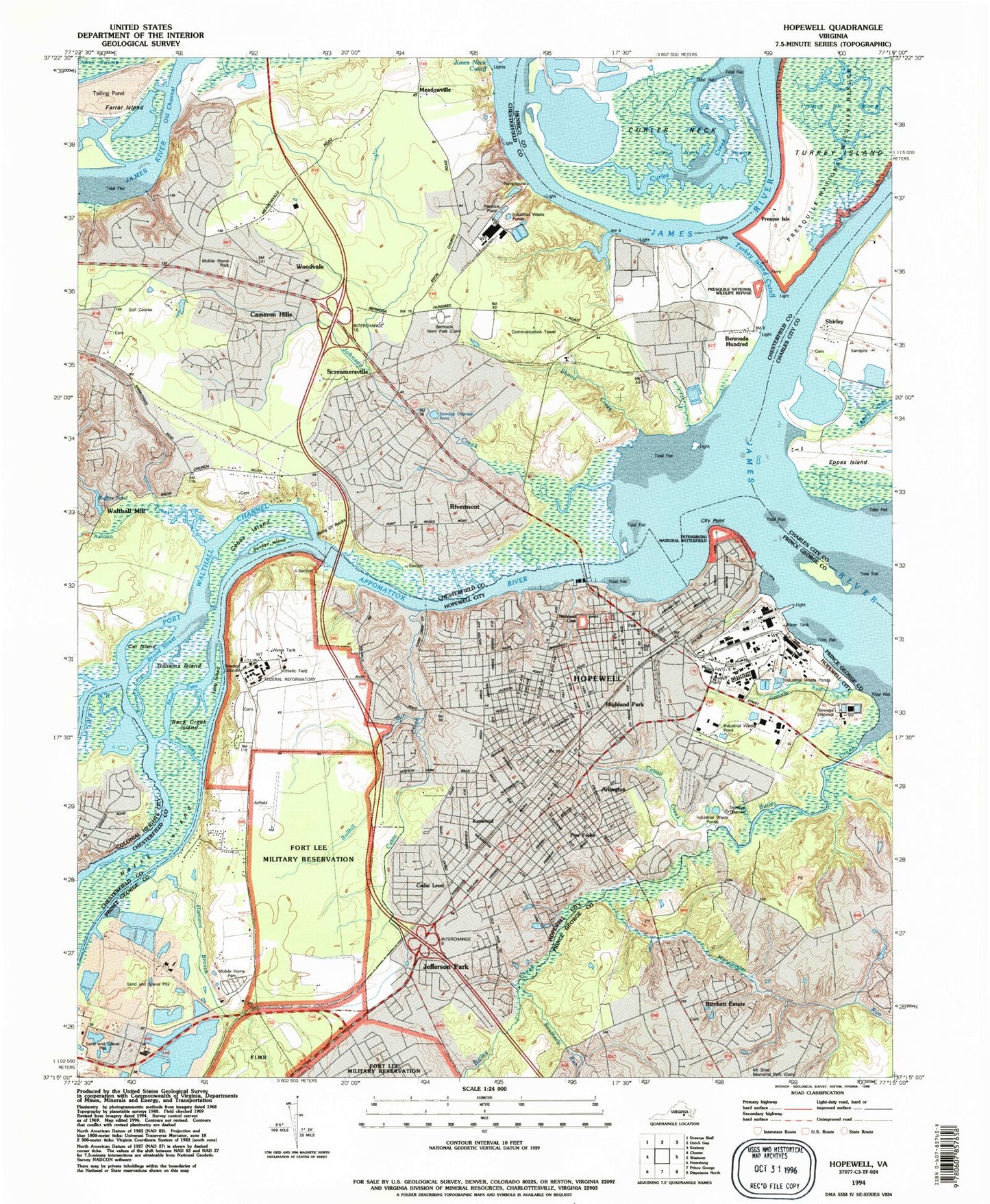 Classic USGS Hopewell Virginia 7.5'x7.5' Topo Map Image
