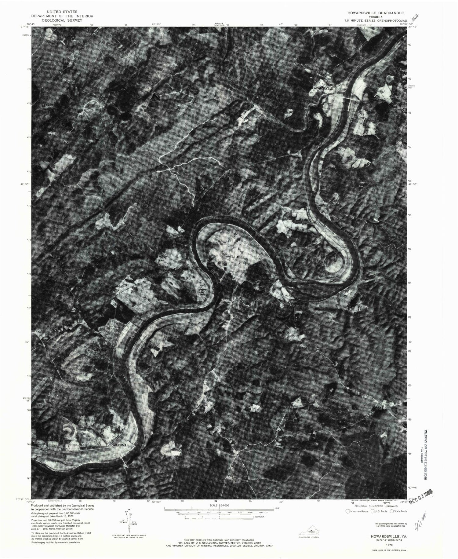 Classic USGS Howardsville Virginia 7.5'x7.5' Topo Map Image