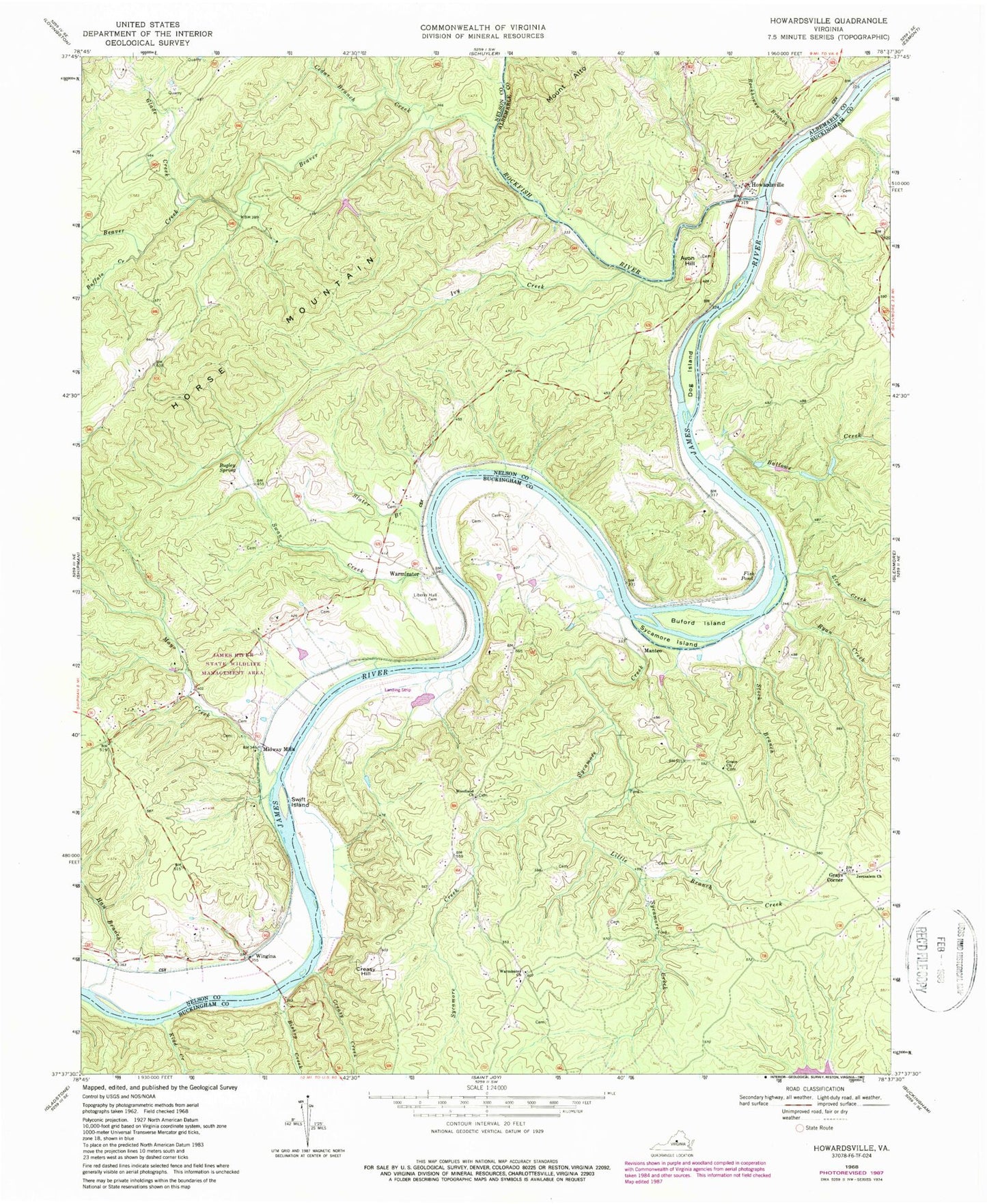 Classic USGS Howardsville Virginia 7.5'x7.5' Topo Map Image