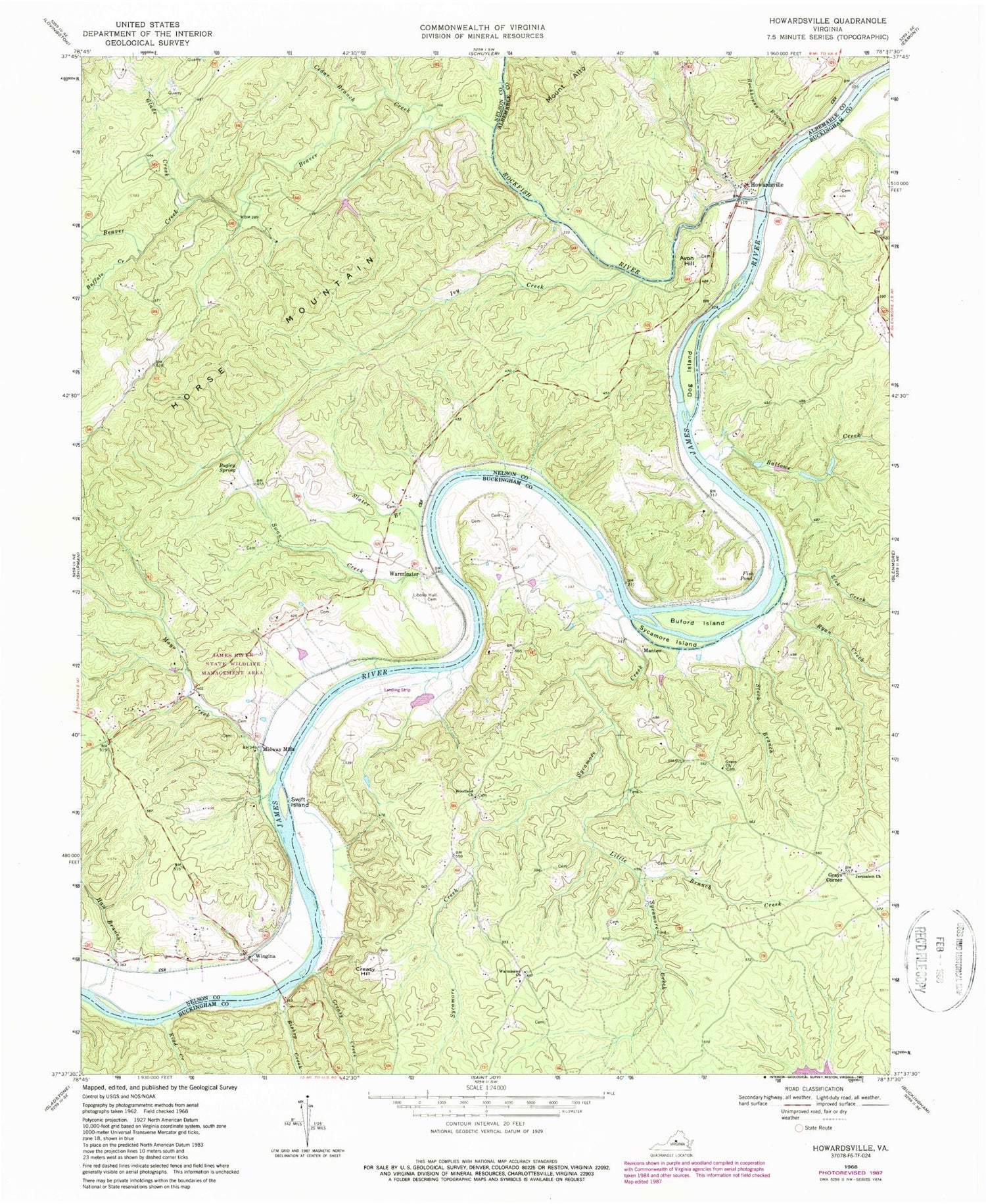 Classic USGS Howardsville Virginia 7.5'x7.5' Topo Map Image