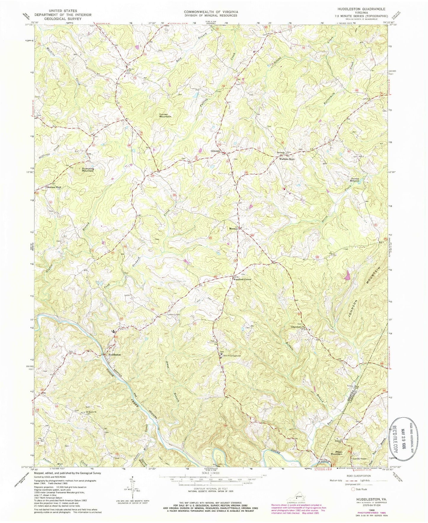Classic USGS Huddleston Virginia 7.5'x7.5' Topo Map Image