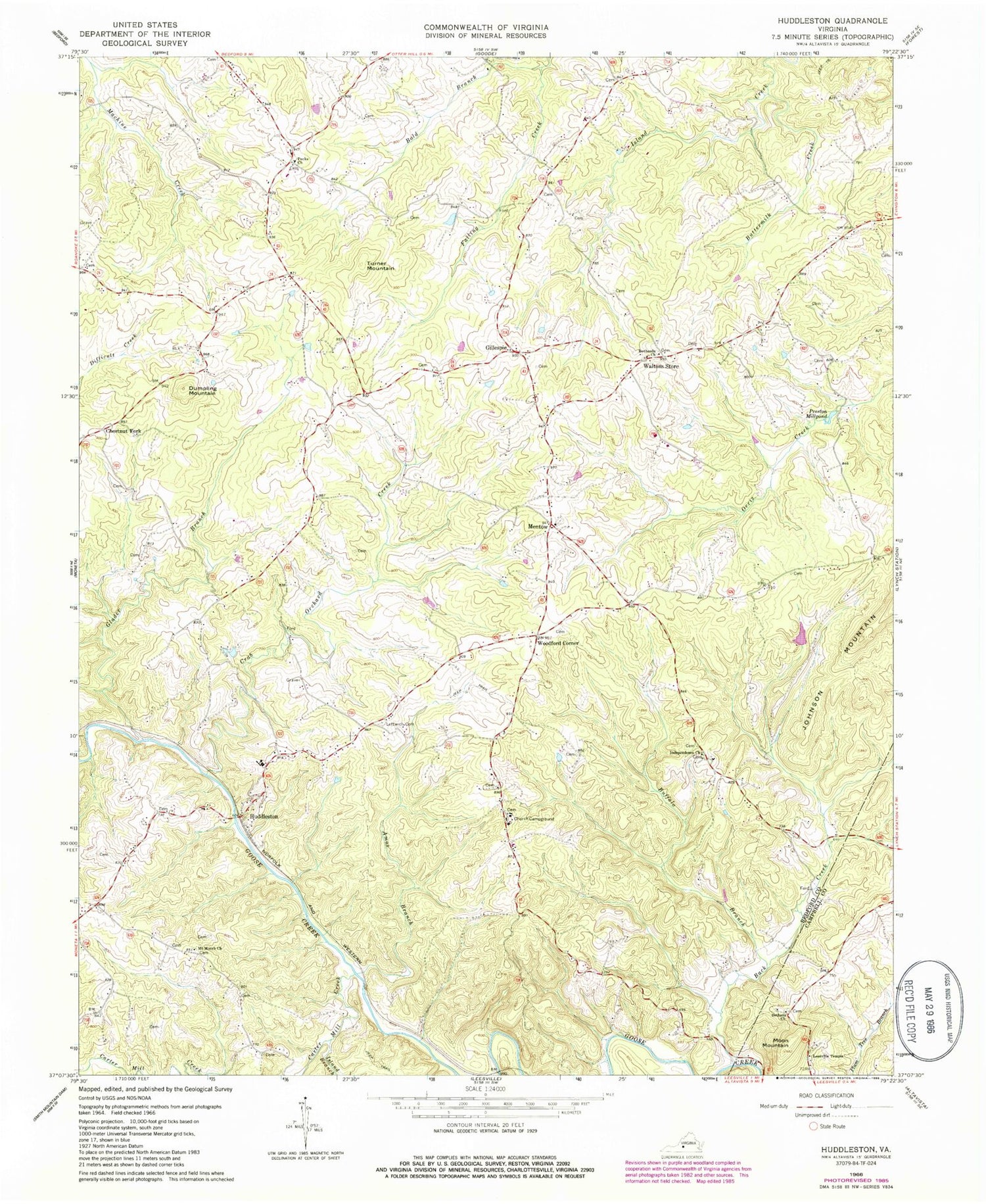 Classic USGS Huddleston Virginia 7.5'x7.5' Topo Map Image
