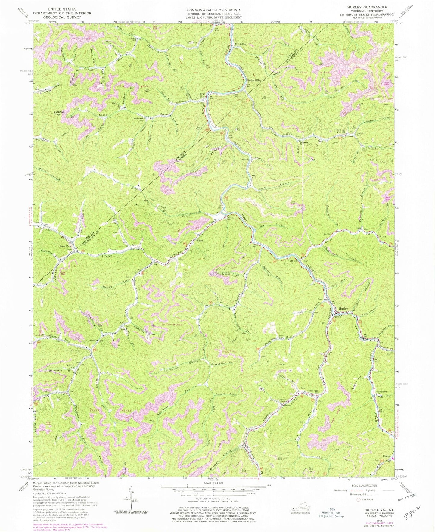 Classic USGS Hurley Virginia 7.5'x7.5' Topo Map Image