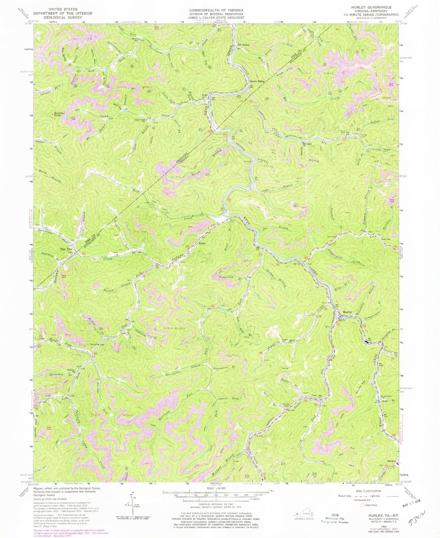 Classic USGS Hurley Virginia 7.5'x7.5' Topo Map Image