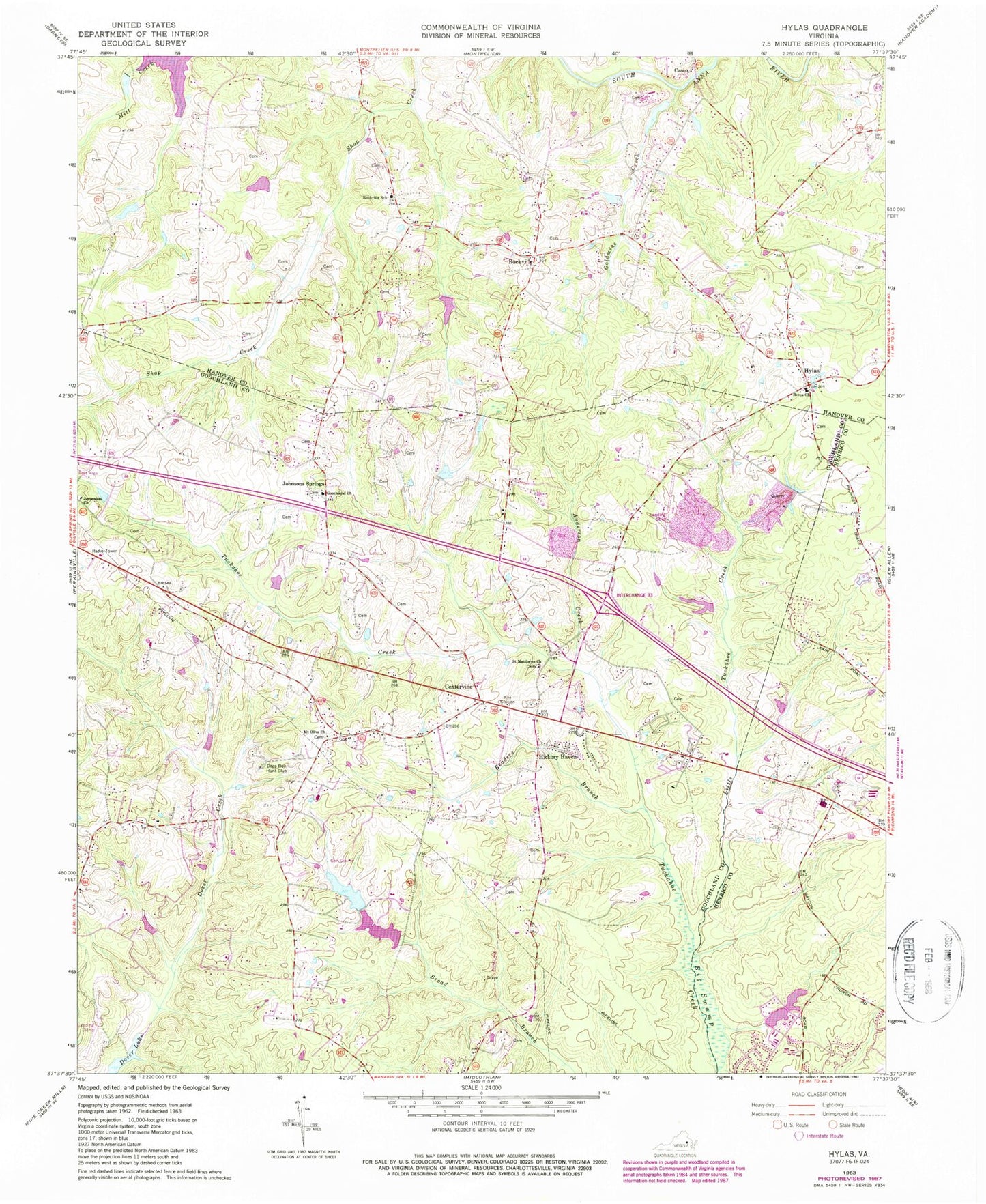 Classic USGS Hylas Virginia 7.5'x7.5' Topo Map Image