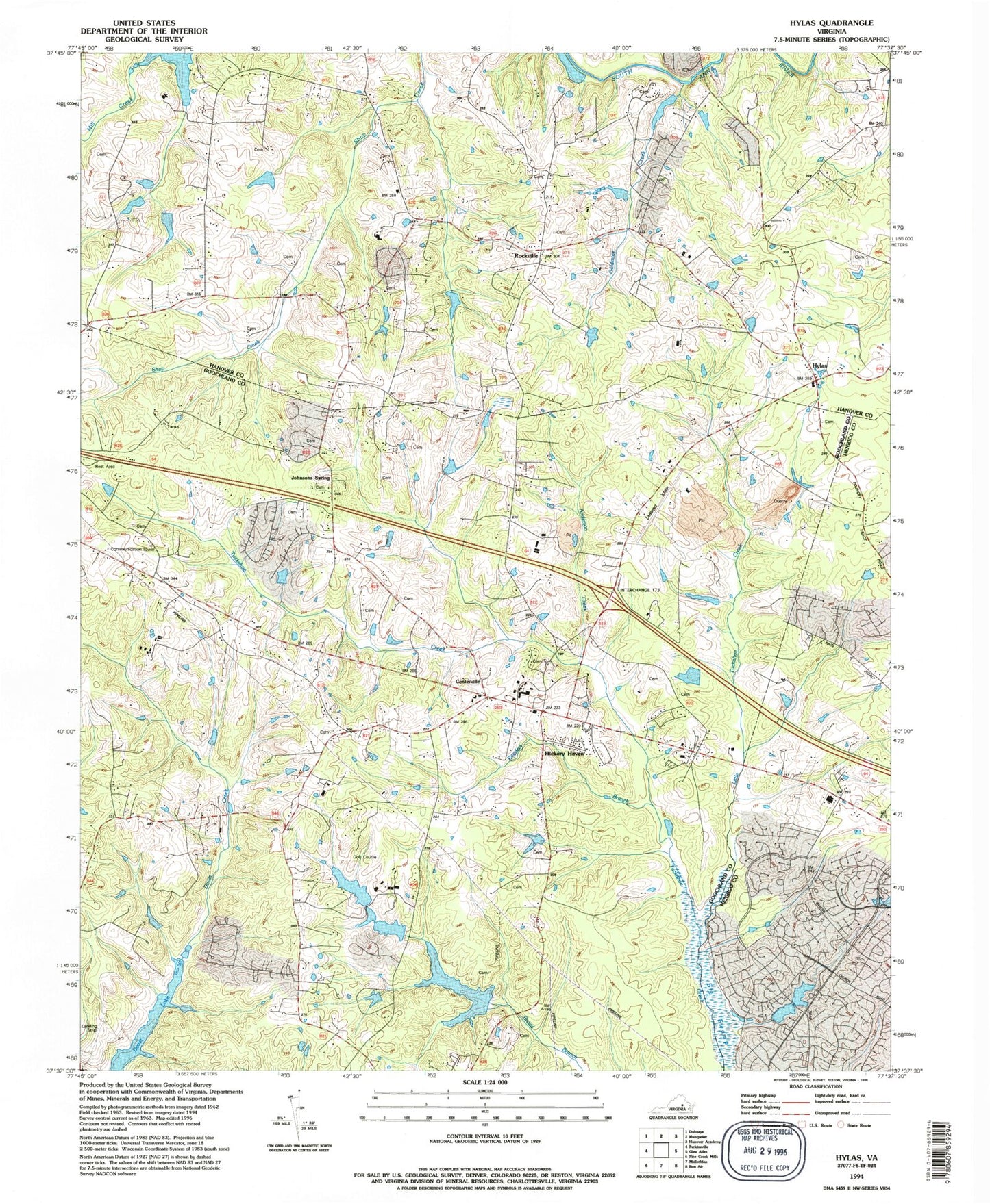 Classic USGS Hylas Virginia 7.5'x7.5' Topo Map Image