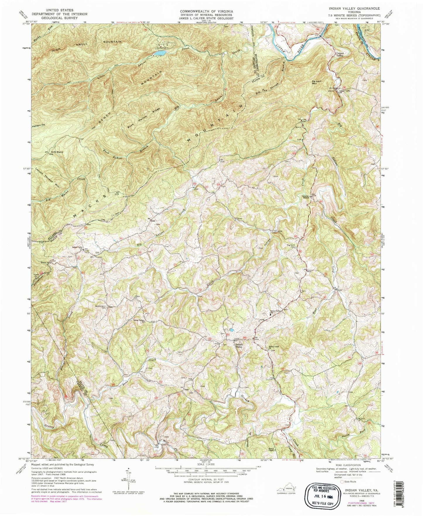 Classic USGS Indian Valley Virginia 7.5'x7.5' Topo Map Image