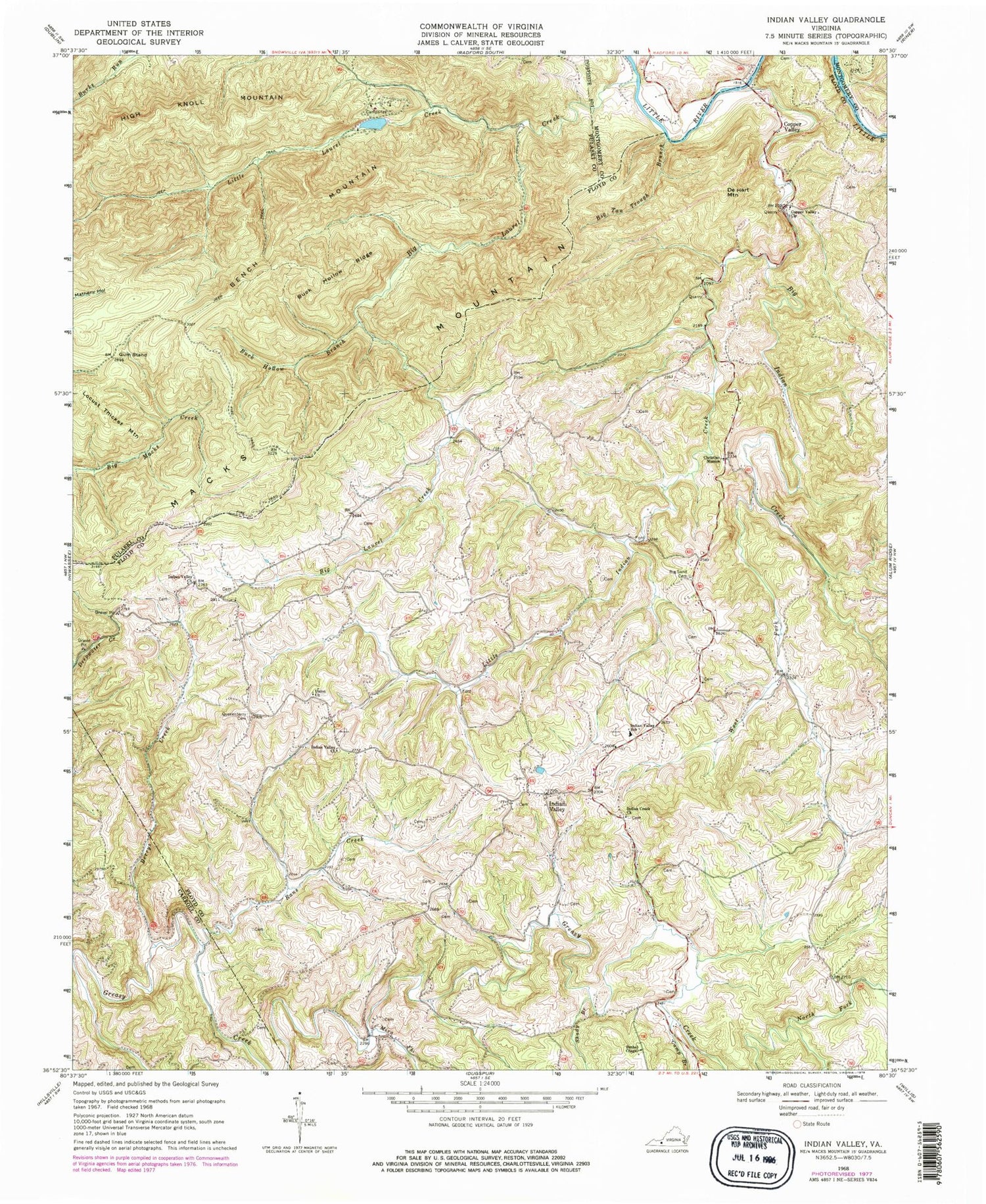 Classic USGS Indian Valley Virginia 7.5'x7.5' Topo Map Image