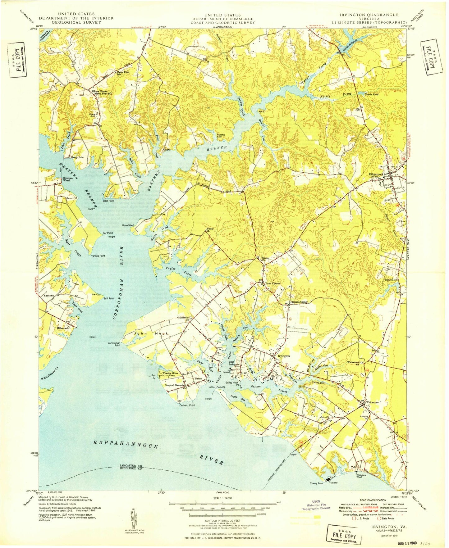 Classic USGS Irvington Virginia 7.5'x7.5' Topo Map Image