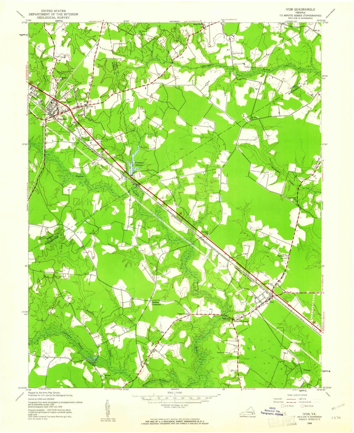 Classic USGS Ivor Virginia 7.5'x7.5' Topo Map Image