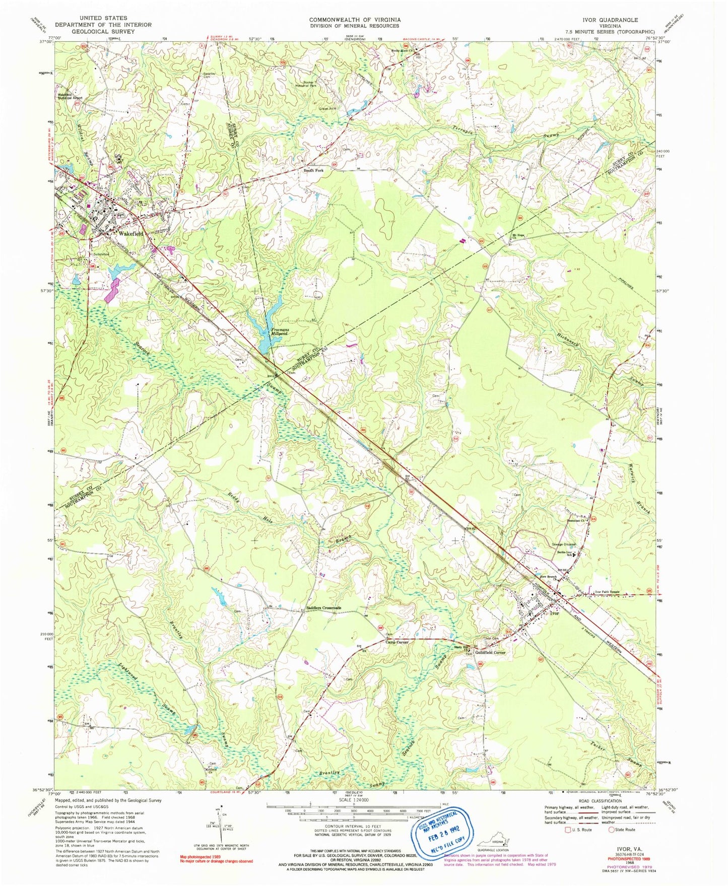 Classic USGS Ivor Virginia 7.5'x7.5' Topo Map Image