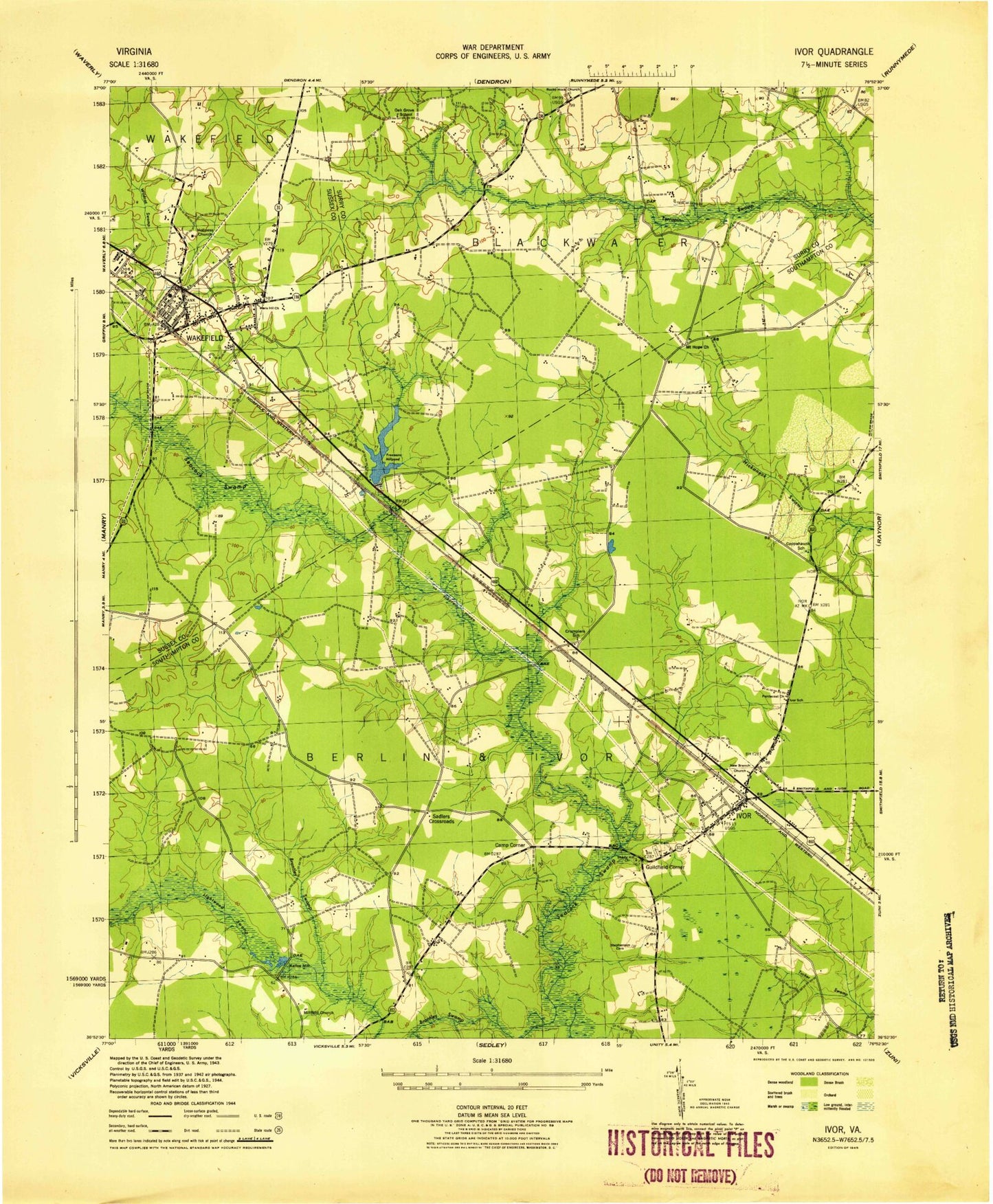 Classic USGS Ivor Virginia 7.5'x7.5' Topo Map Image