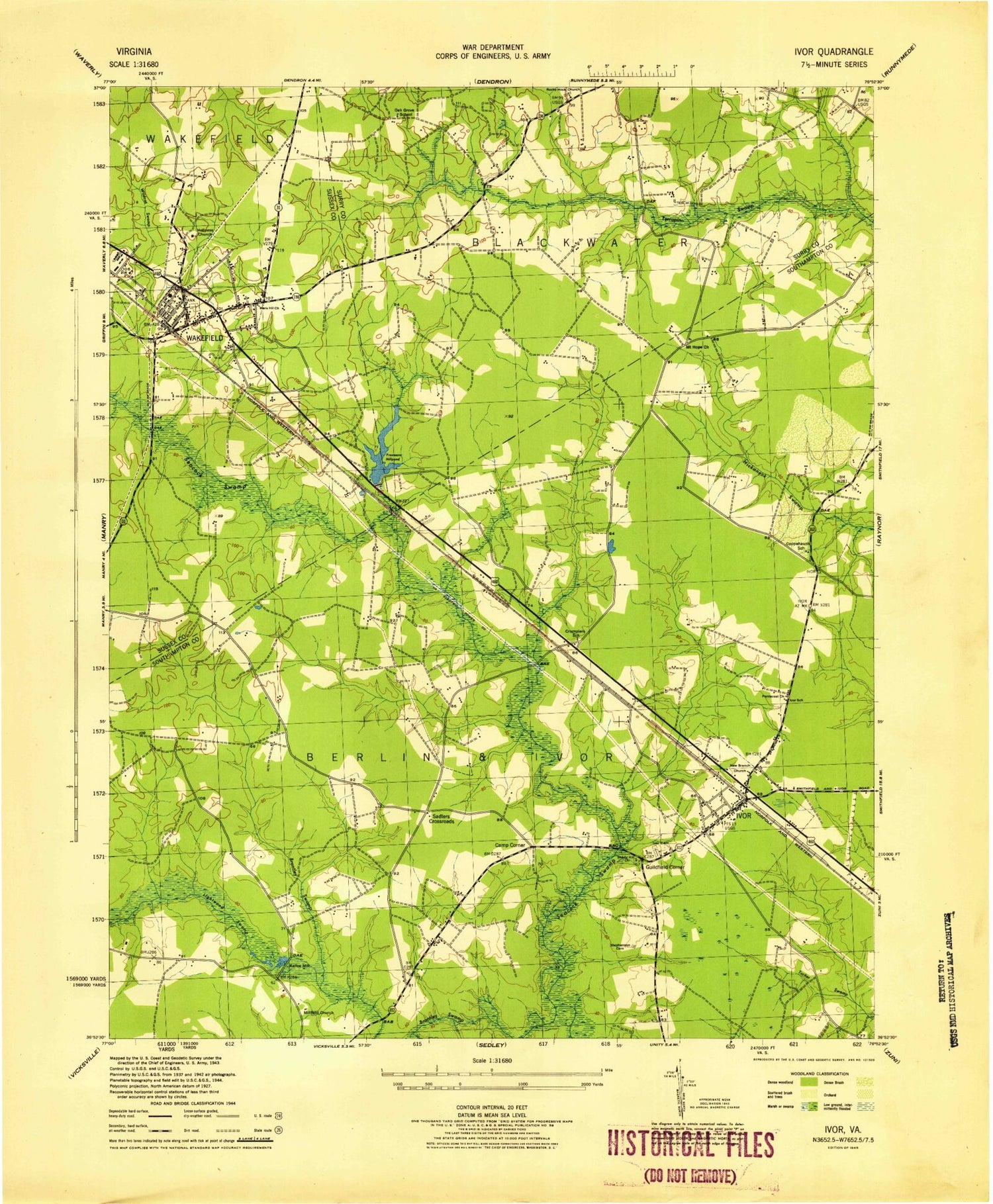 Classic USGS Ivor Virginia 7.5'x7.5' Topo Map Image