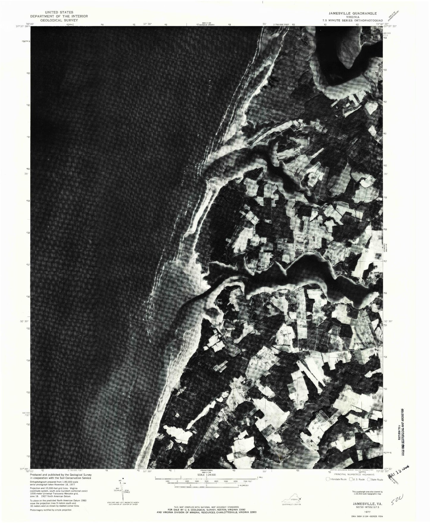 Classic USGS Jamesville Virginia 7.5'x7.5' Topo Map Image