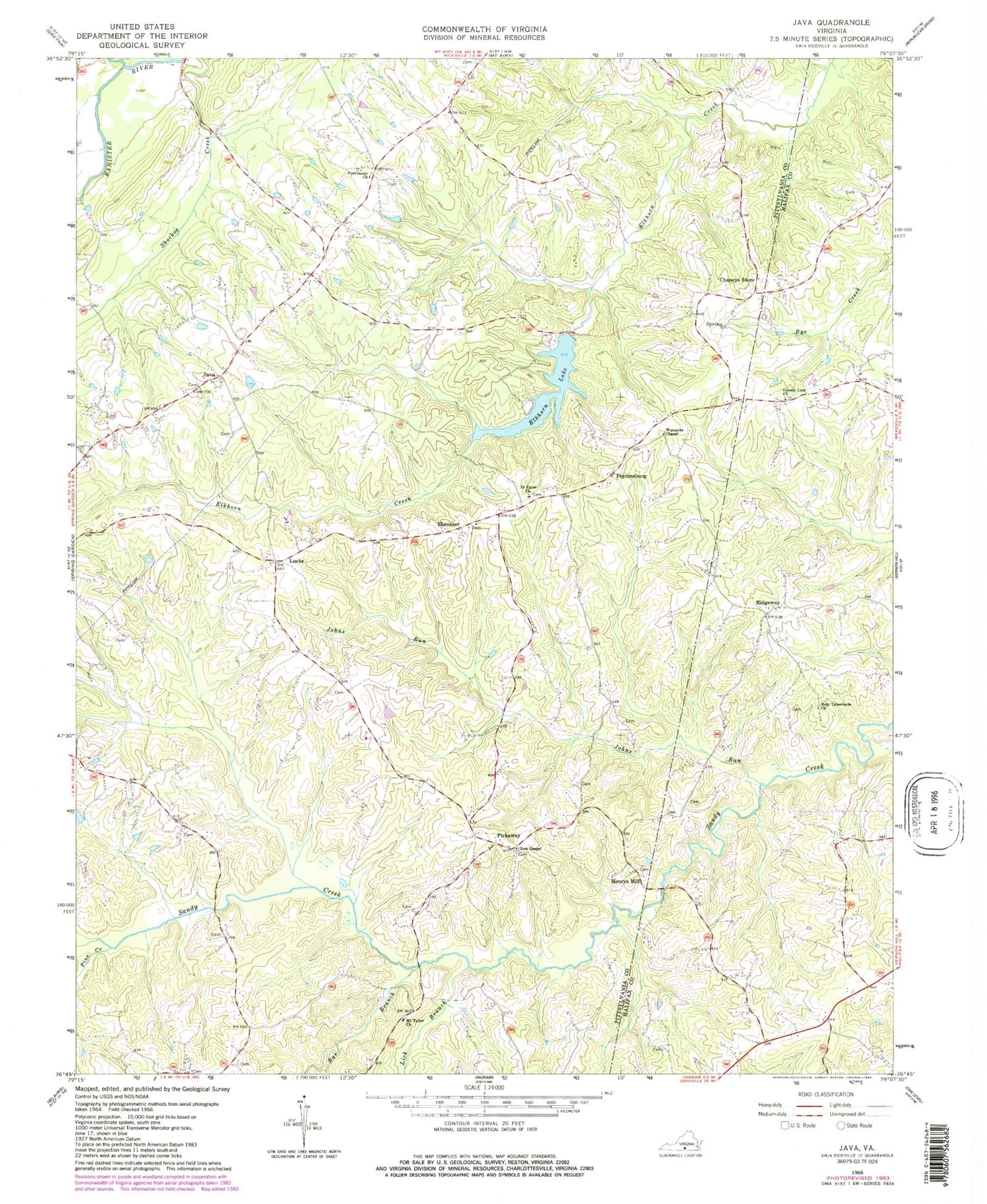 Classic USGS Java Virginia 7.5'x7.5' Topo Map Image