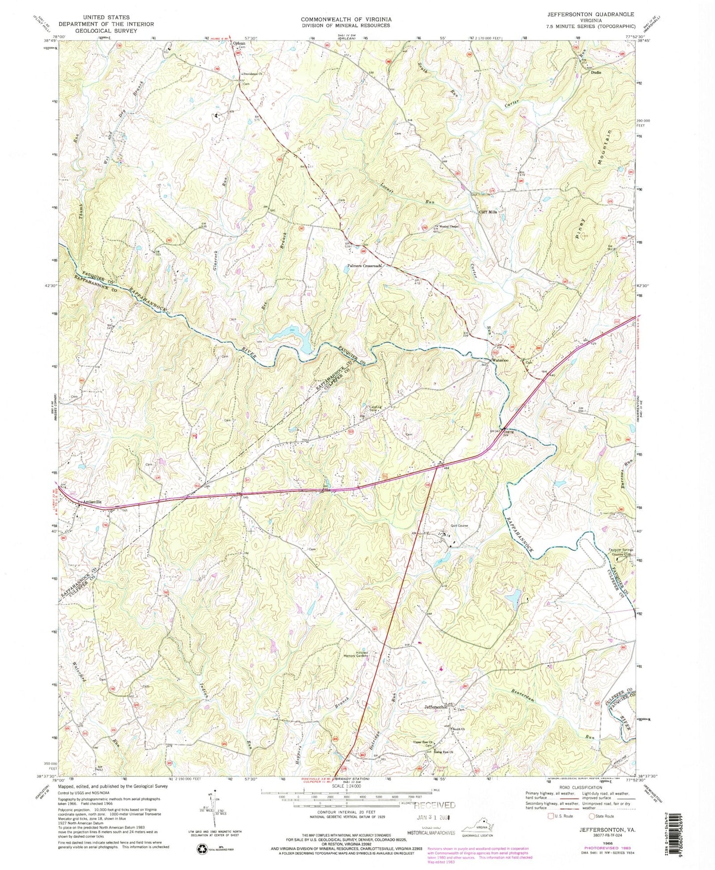 Classic USGS Jeffersonton Virginia 7.5'x7.5' Topo Map Image