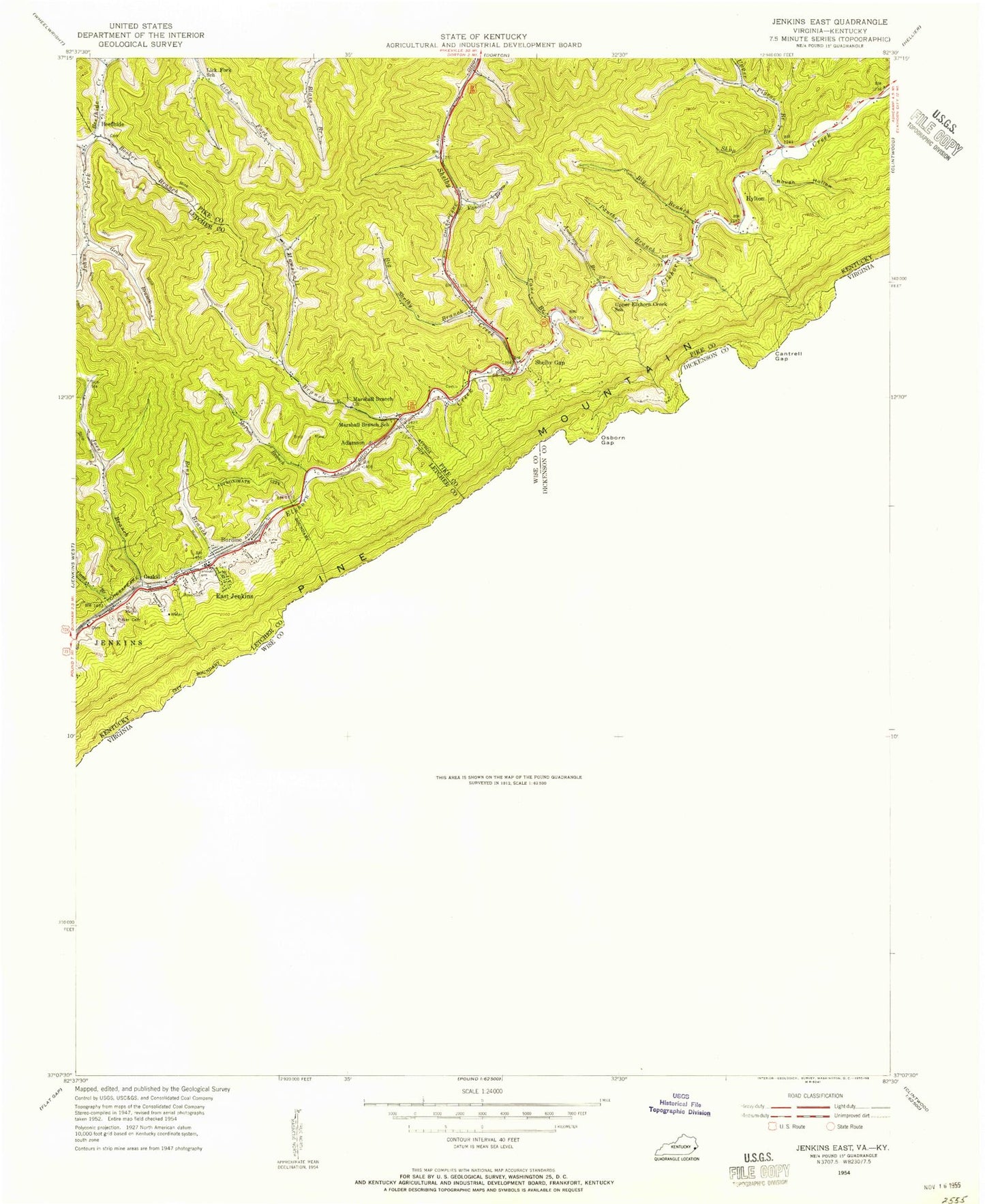 Classic USGS Jenkins East Kentucky 7.5'x7.5' Topo Map Image
