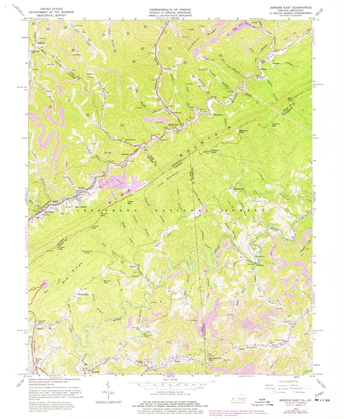 Classic USGS Jenkins East Kentucky 7.5'x7.5' Topo Map Image