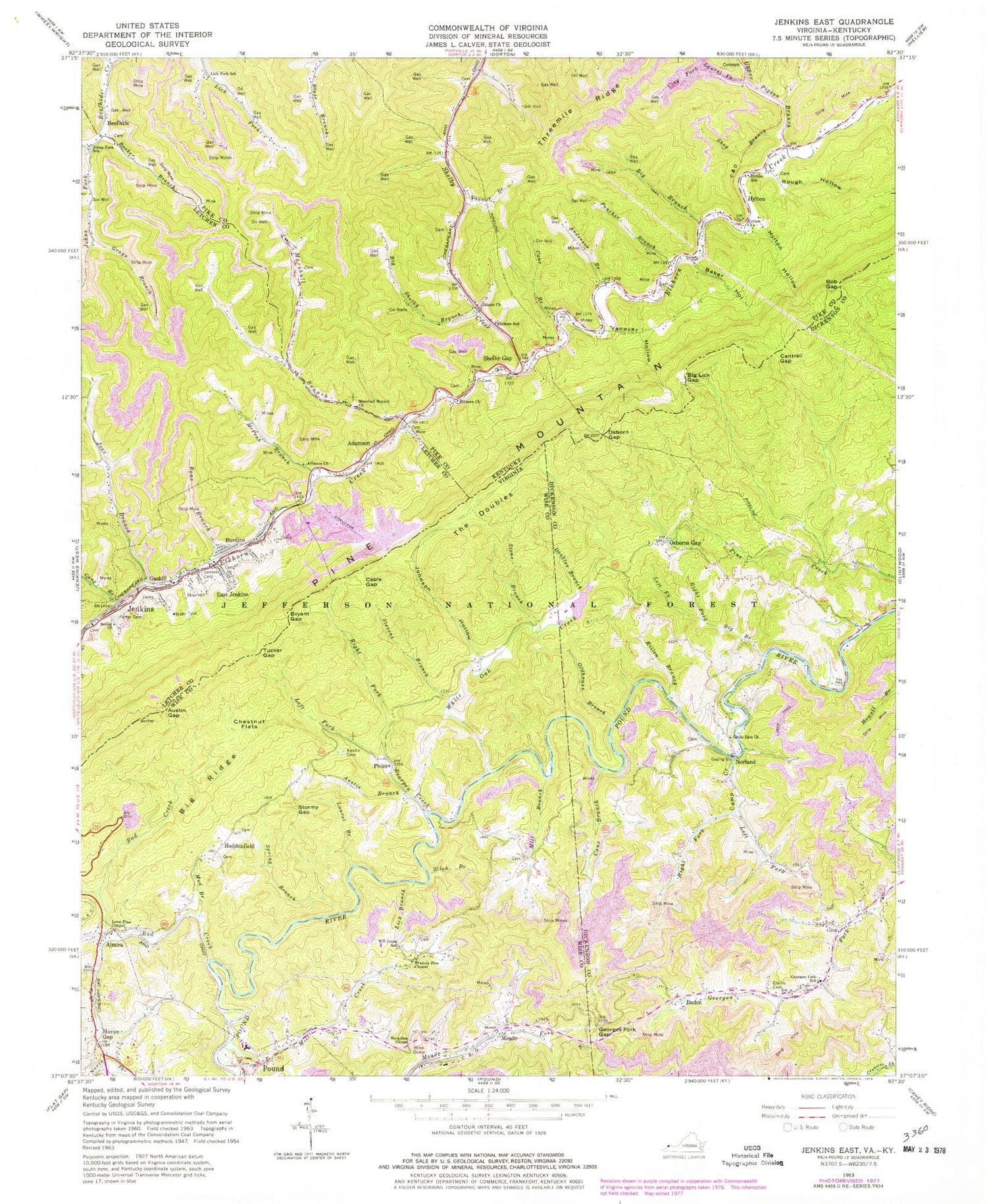 Classic USGS Jenkins East Kentucky 7.5'x7.5' Topo Map Image