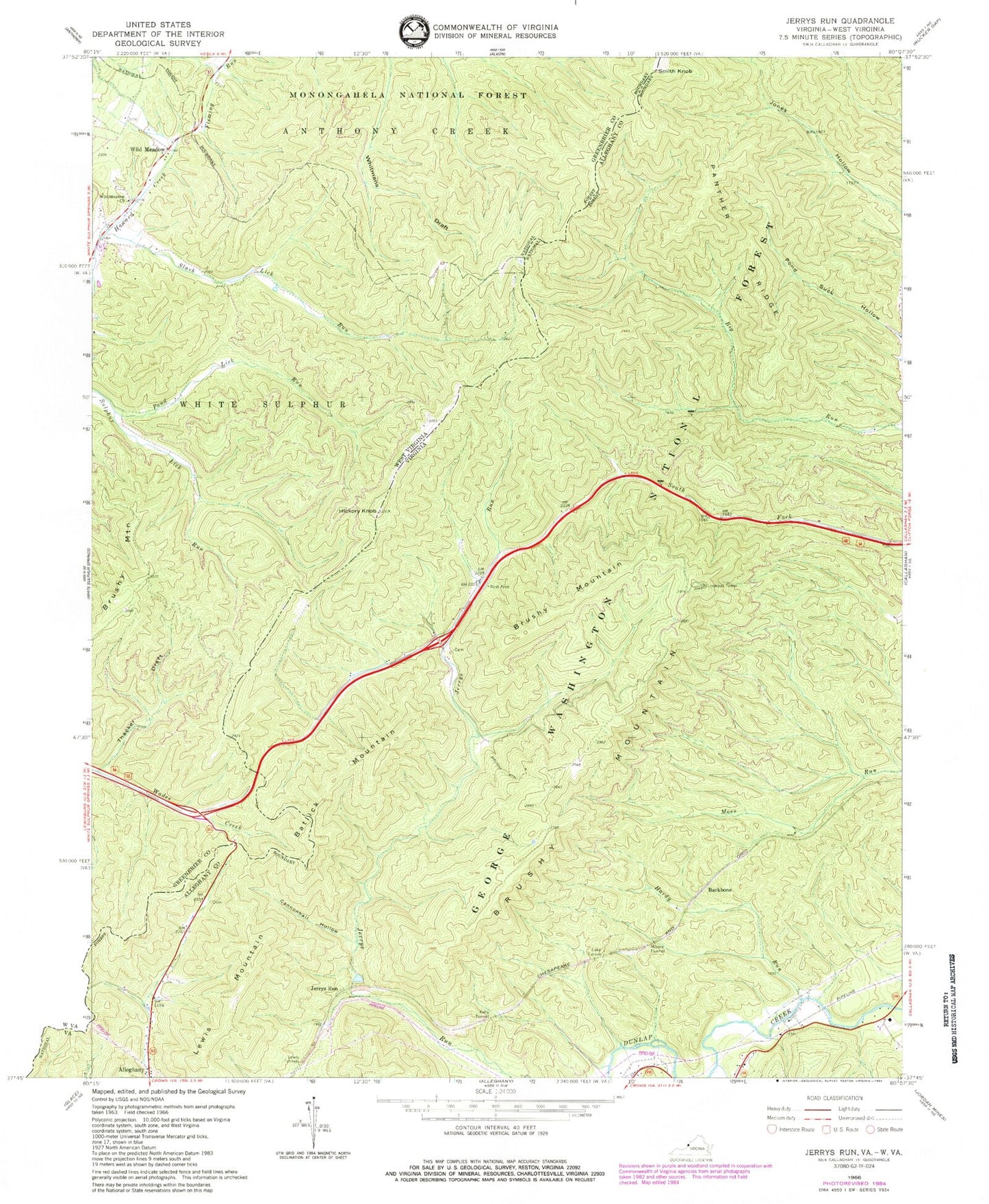 Classic USGS Jerrys Run Virginia 7.5'x7.5' Topo Map Image