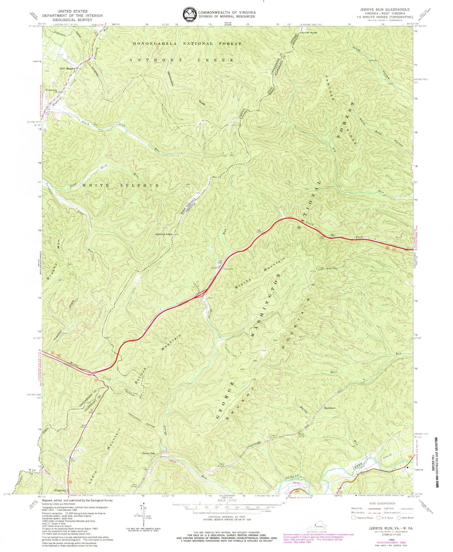 Classic USGS Jerrys Run Virginia 7.5'x7.5' Topo Map Image