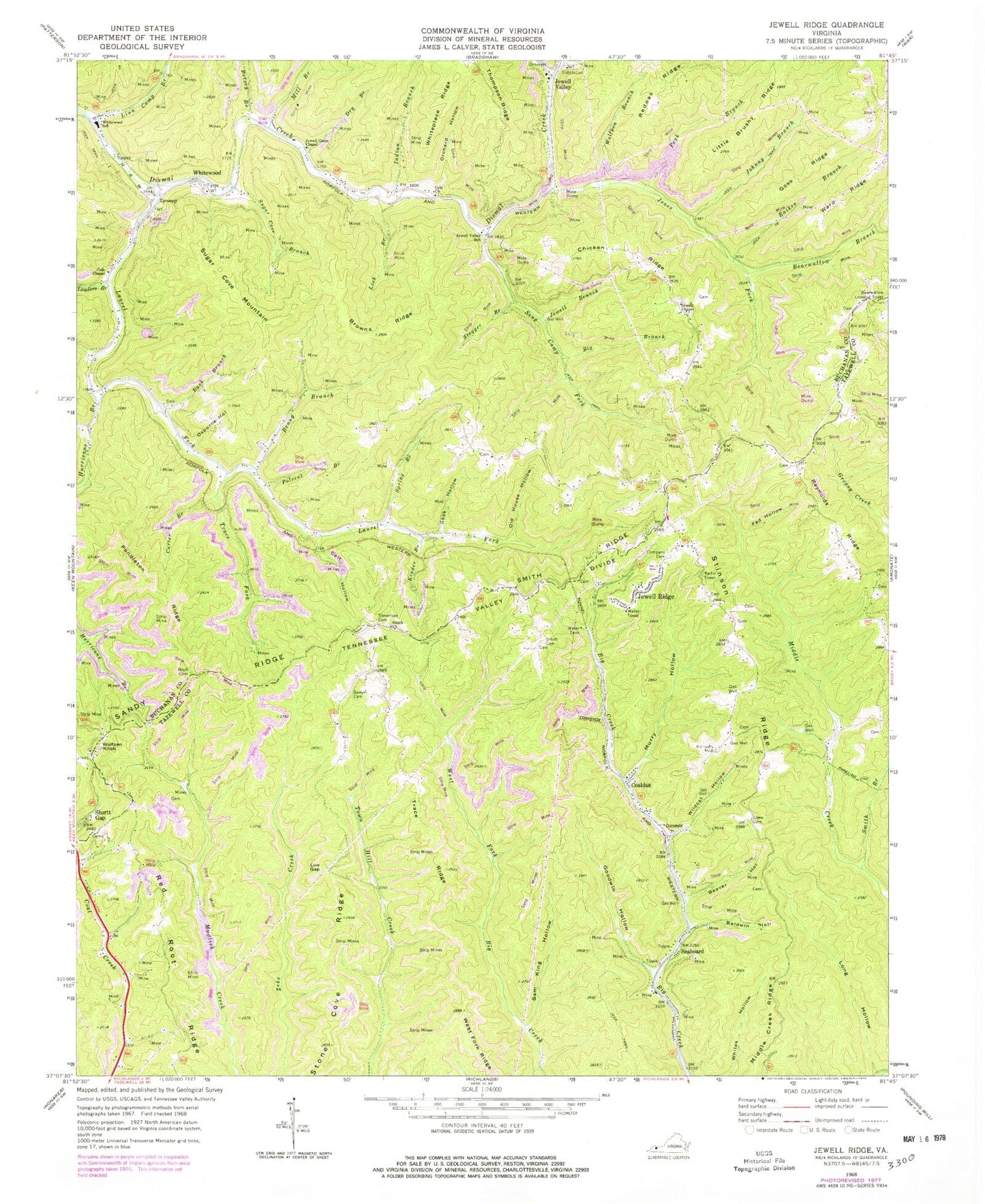 Classic USGS Jewell Ridge Virginia 7.5'x7.5' Topo Map Image