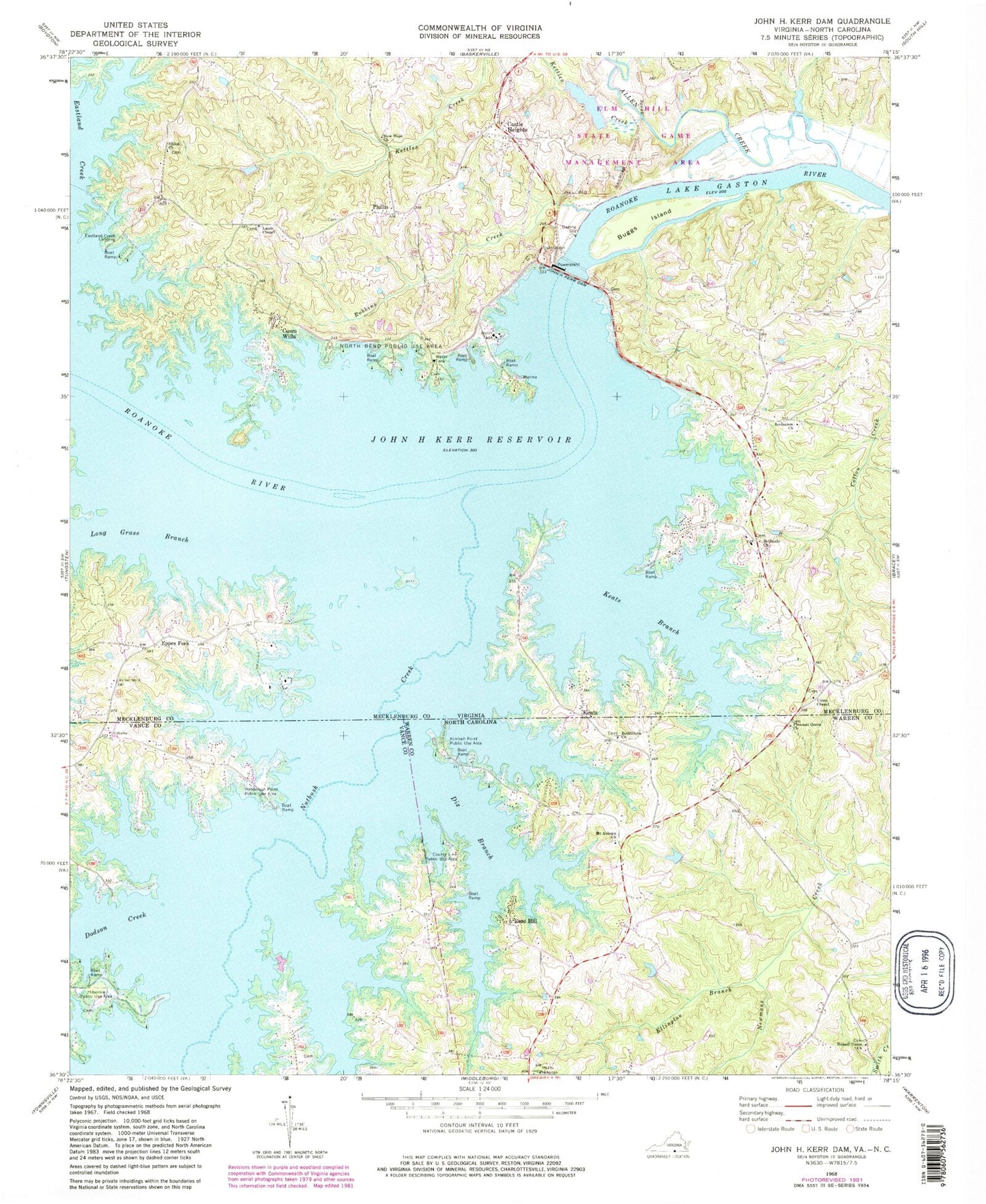 Classic USGS John H Kerr Dam Virginia 7.5'x7.5' Topo Map Image