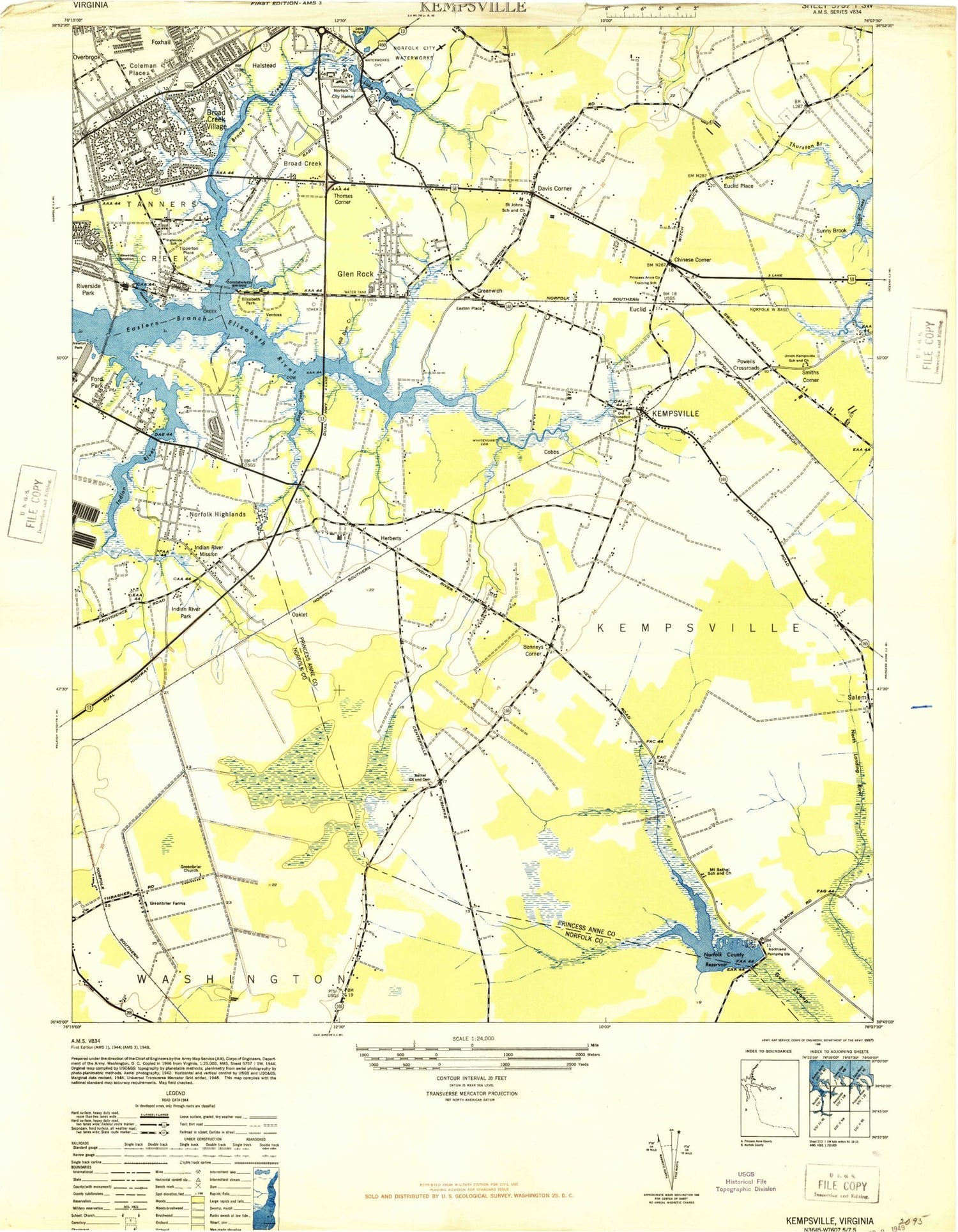 Classic USGS Kempsville Virginia 7.5'x7.5' Topo Map Image