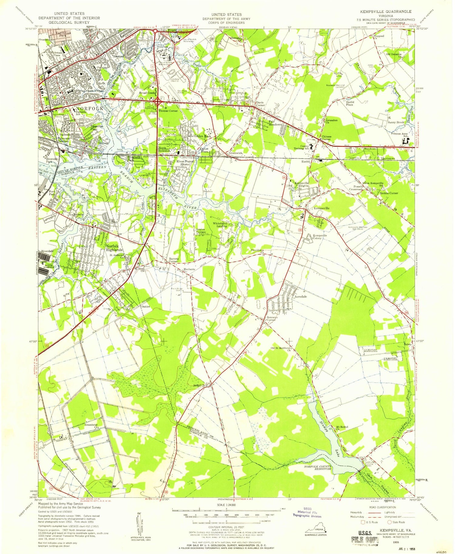 Classic USGS Kempsville Virginia 7.5'x7.5' Topo Map Image