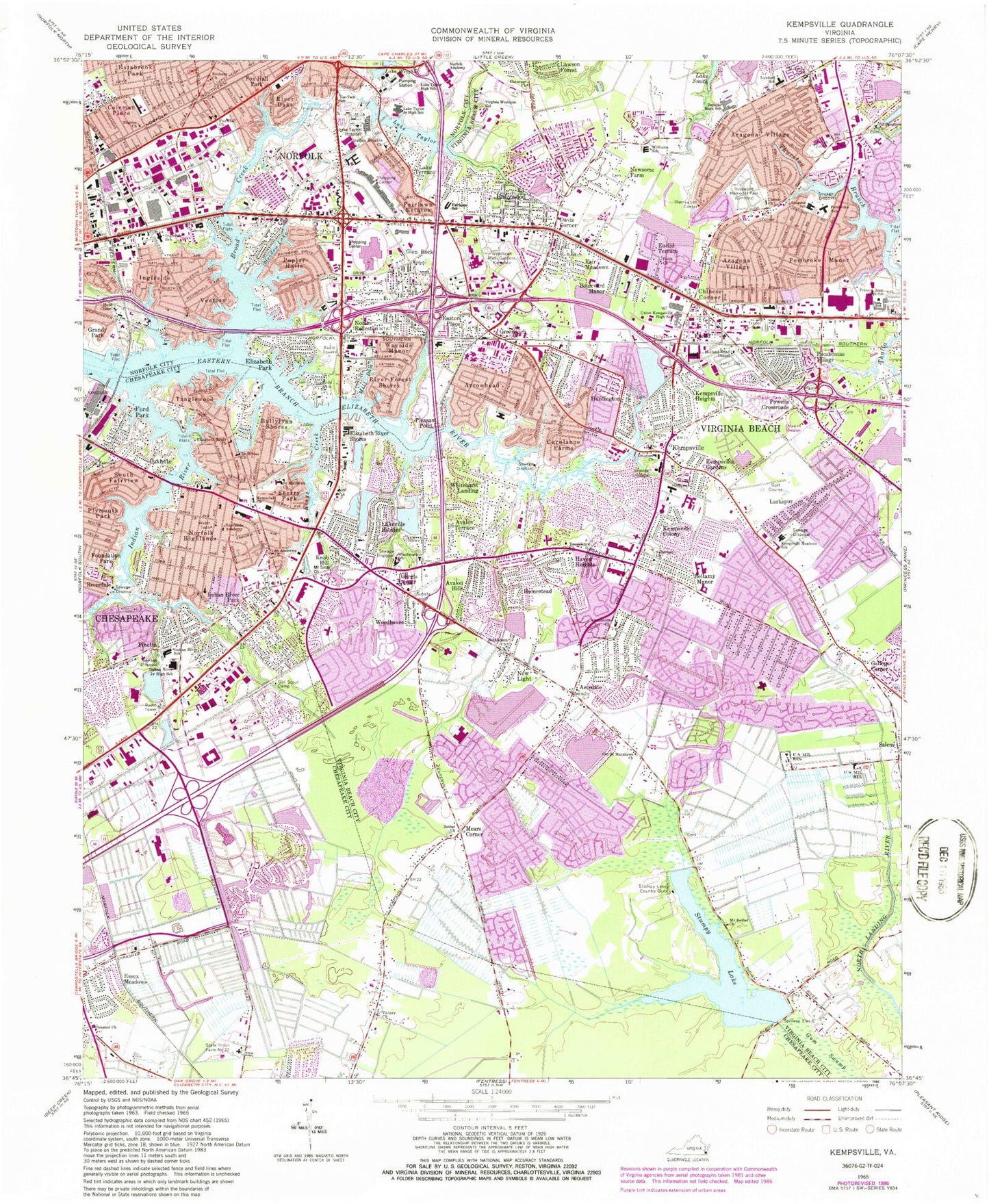 Classic USGS Kempsville Virginia 7.5'x7.5' Topo Map Image