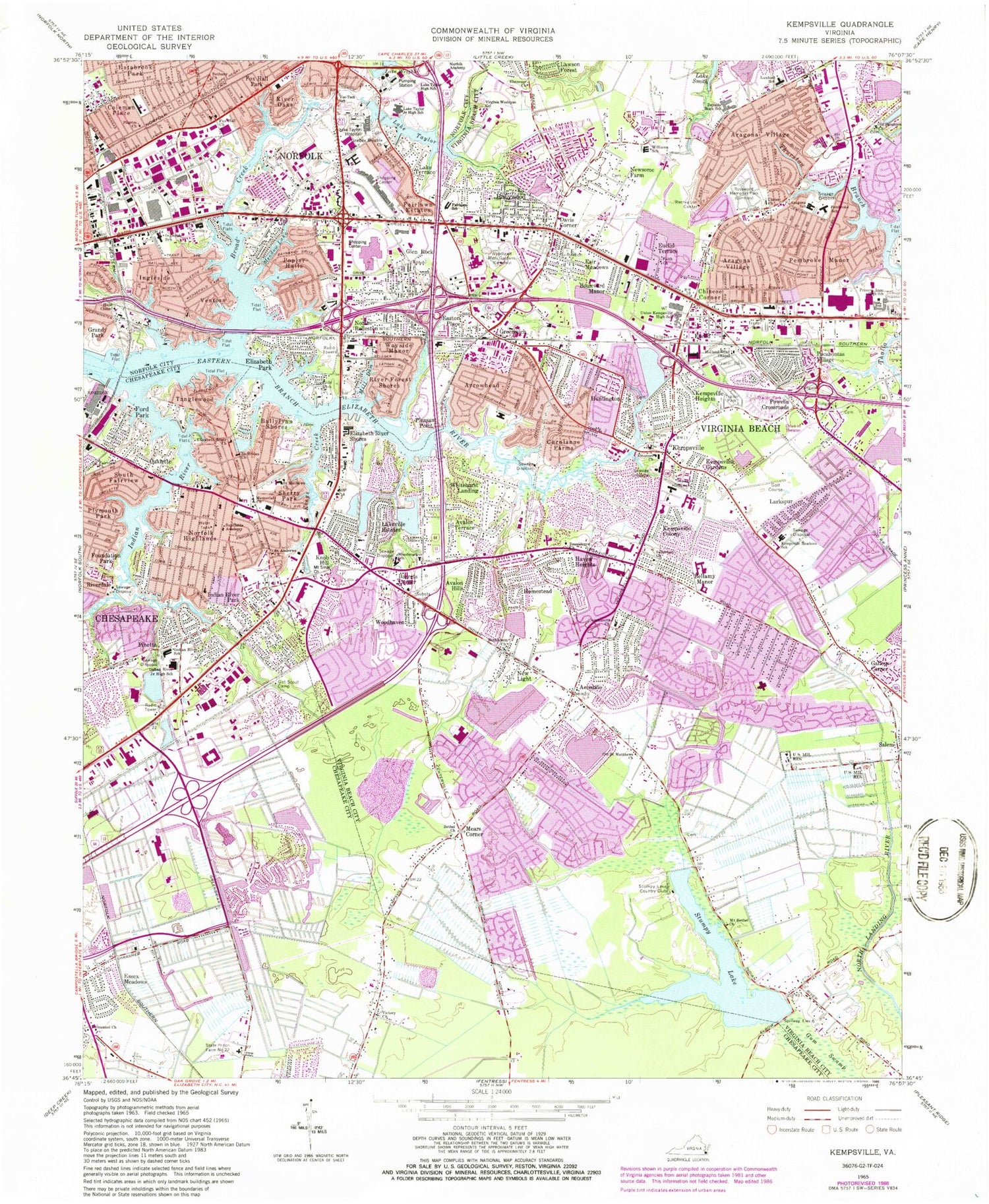 Classic USGS Kempsville Virginia 7.5'x7.5' Topo Map Image