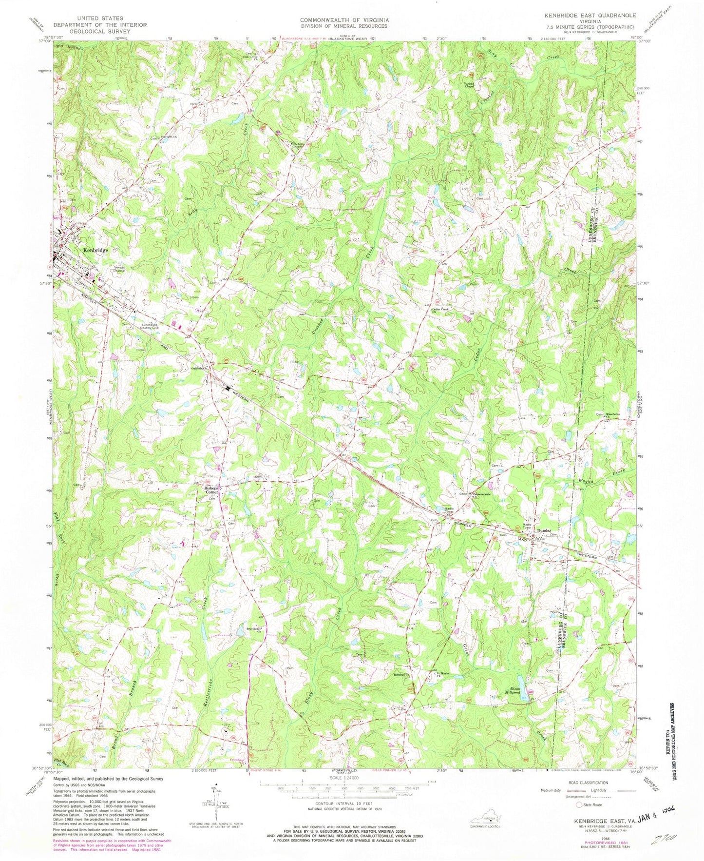 Classic USGS Kenbridge East Virginia 7.5'x7.5' Topo Map Image