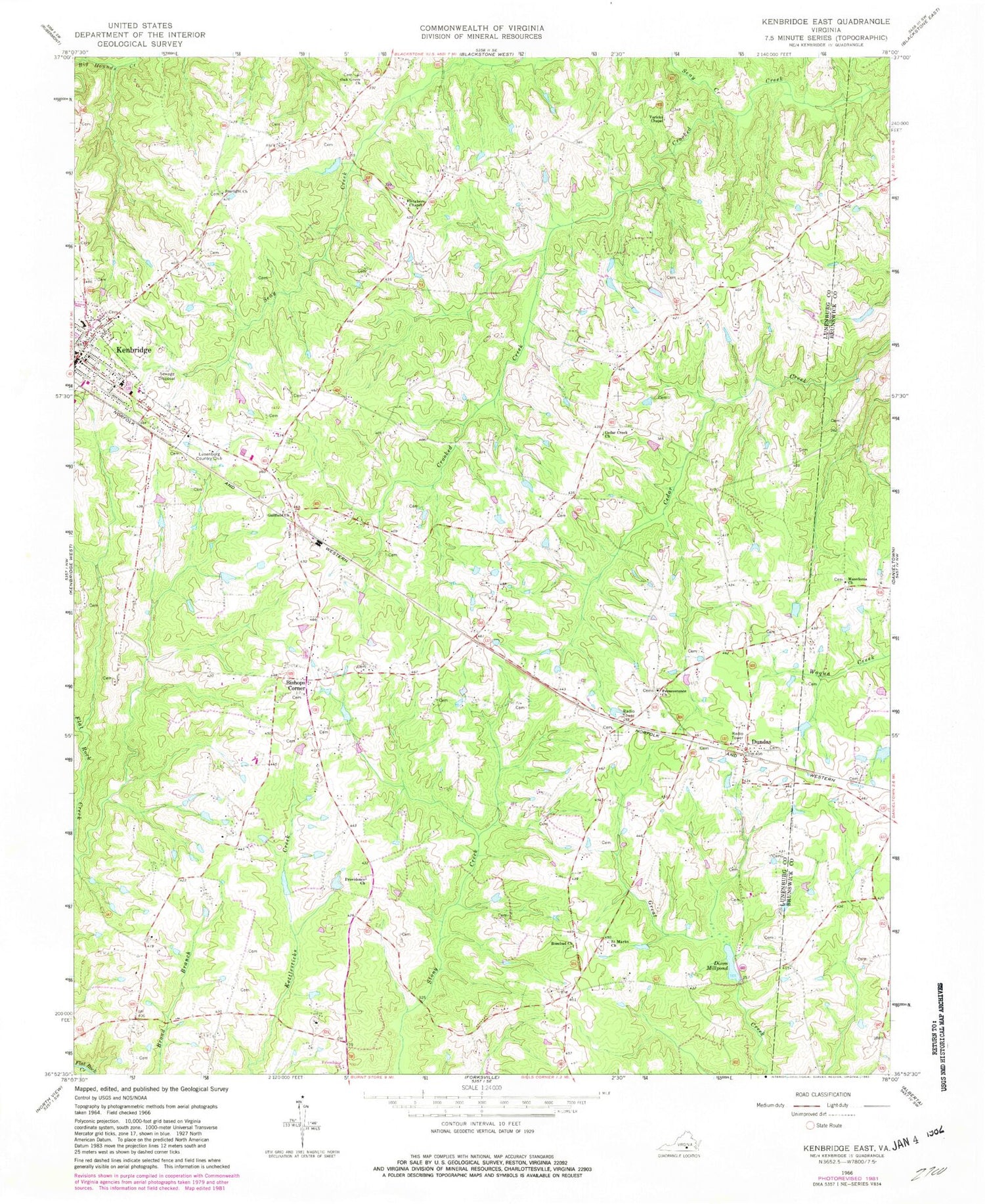Classic USGS Kenbridge East Virginia 7.5'x7.5' Topo Map Image