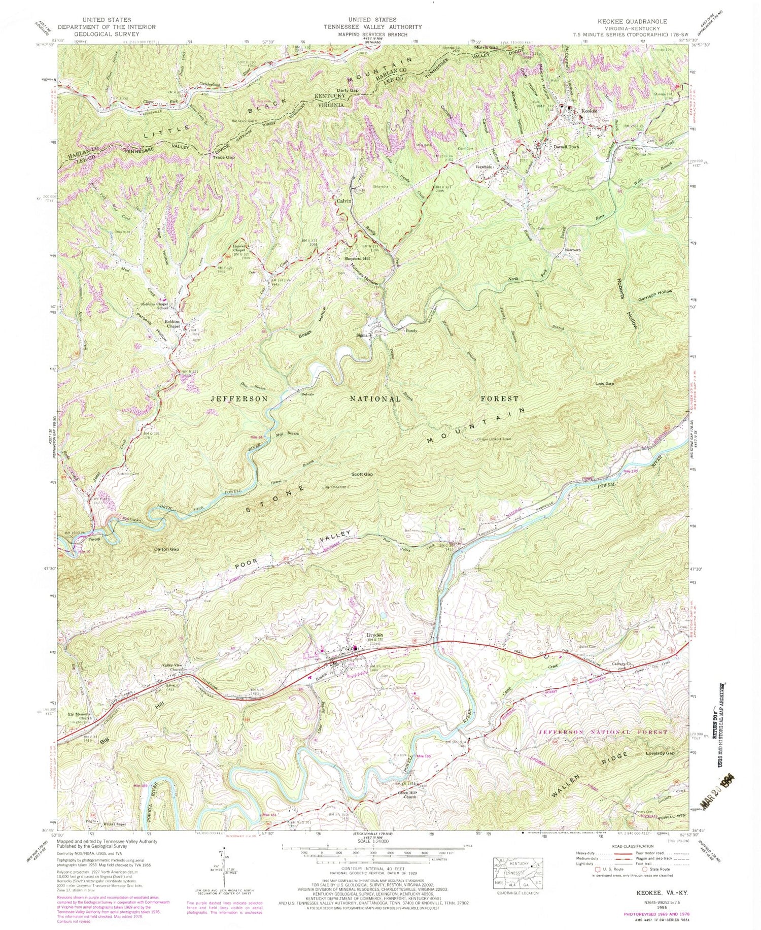 Classic USGS Keokee Virginia 7.5'x7.5' Topo Map Image