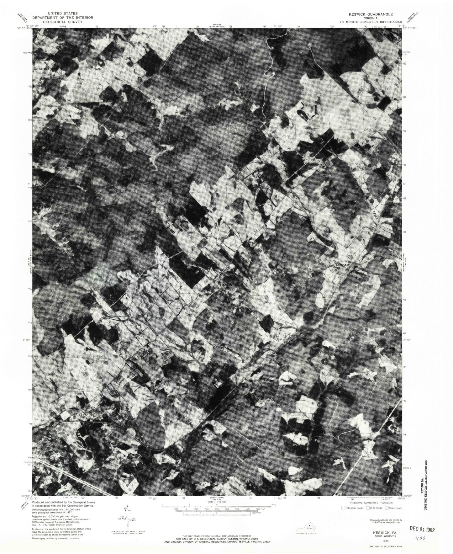 Classic USGS Keswick Virginia 7.5'x7.5' Topo Map Image