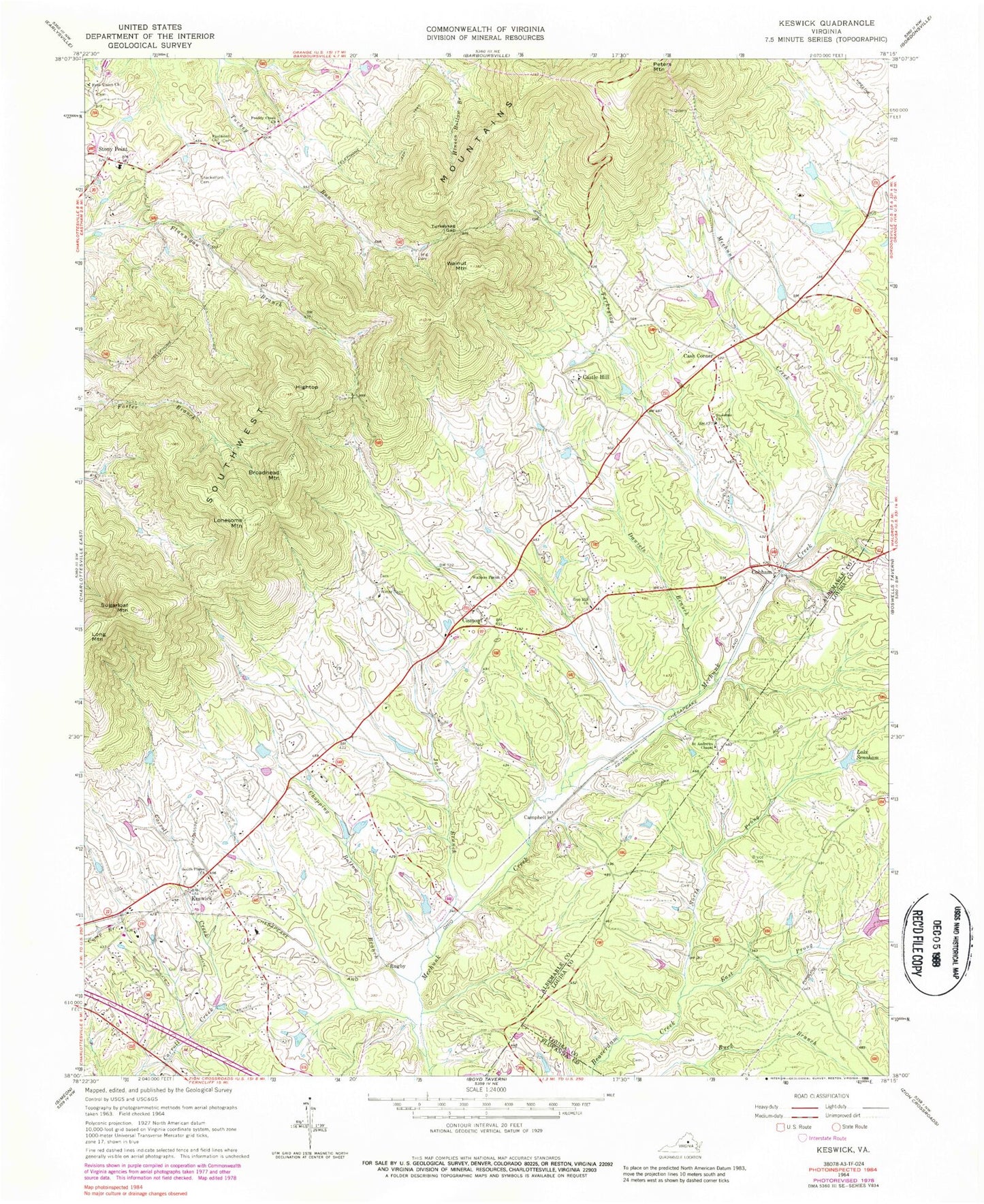 Classic USGS Keswick Virginia 7.5'x7.5' Topo Map Image