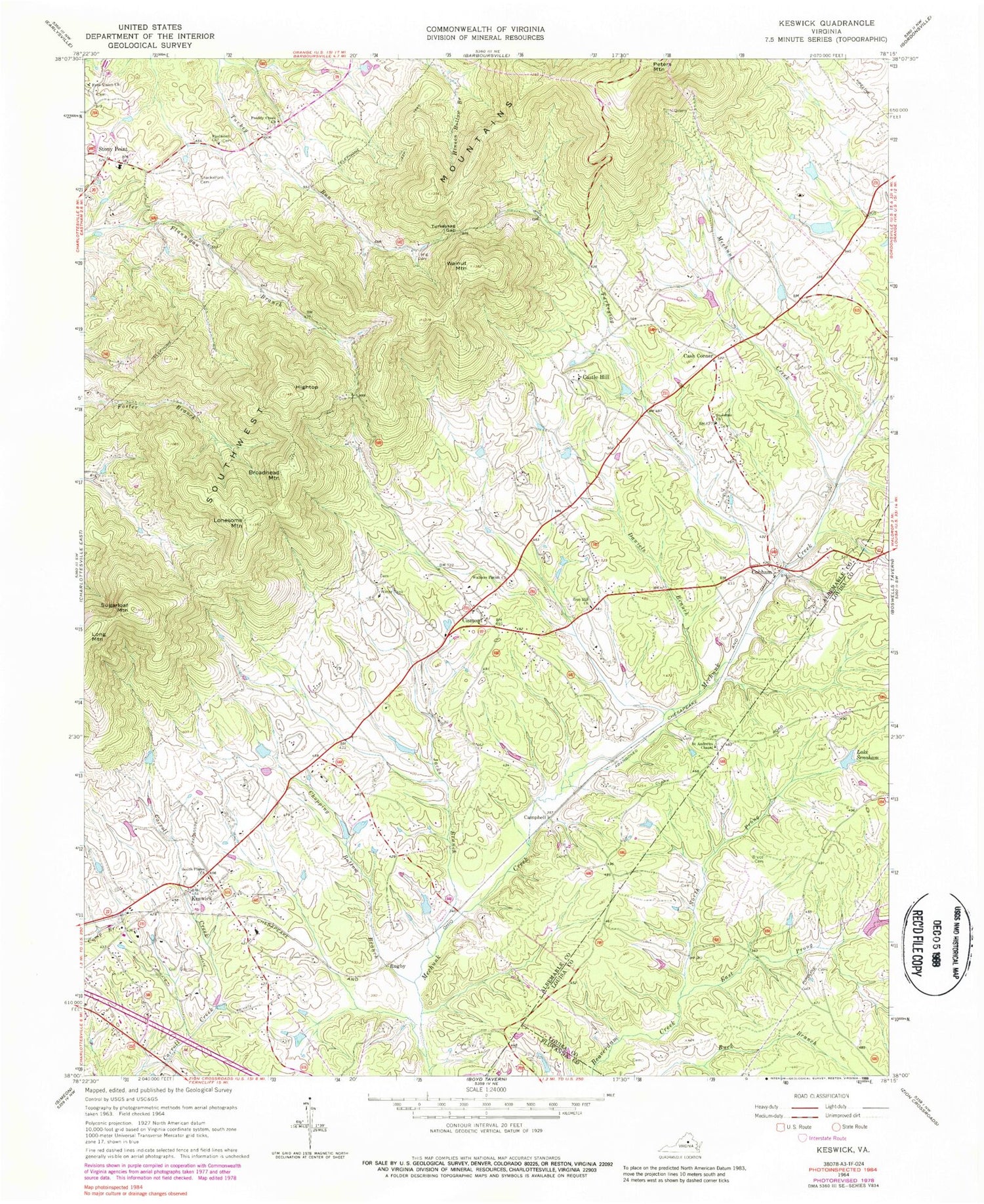 Classic USGS Keswick Virginia 7.5'x7.5' Topo Map Image