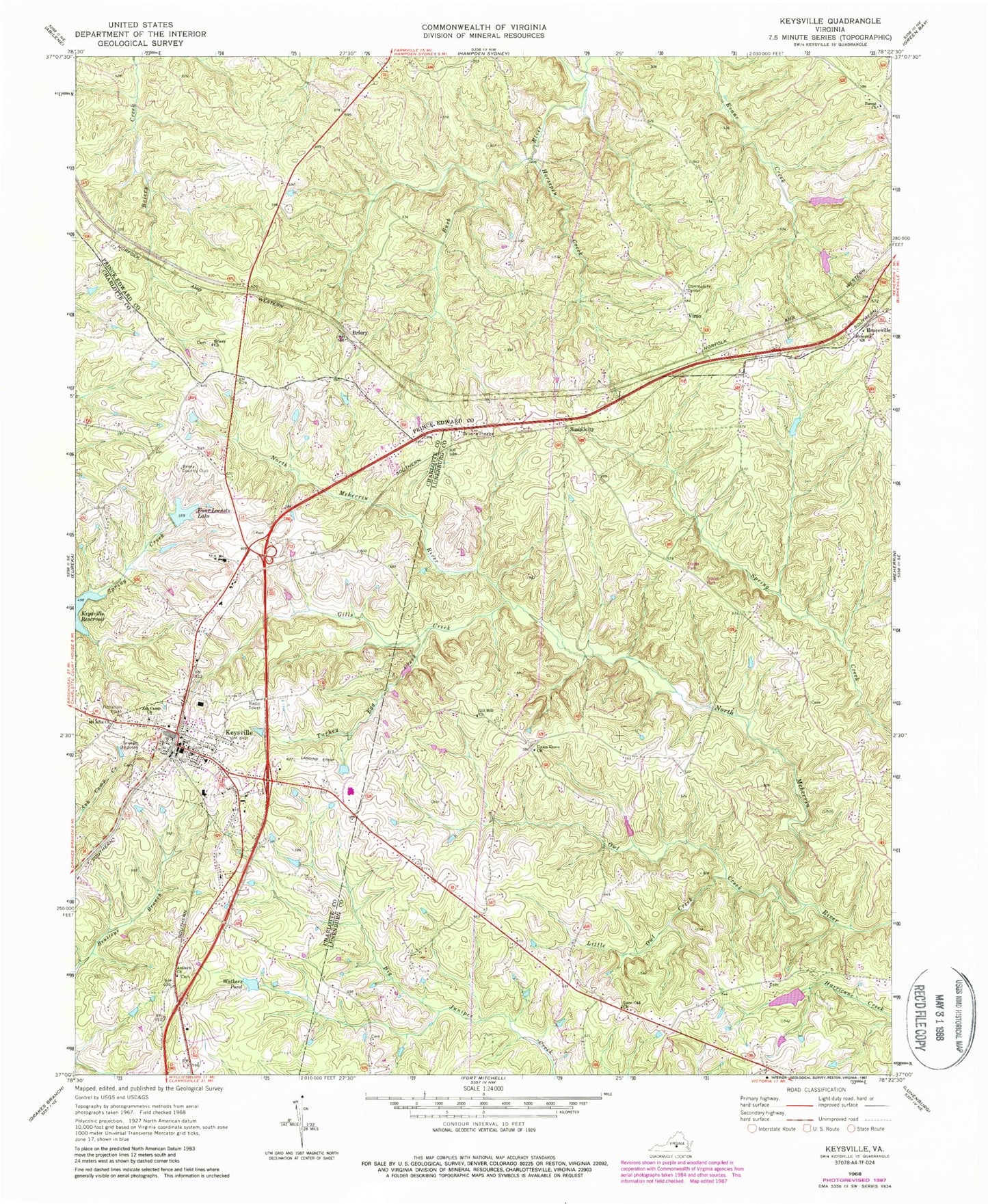 Classic USGS Keysville Virginia 7.5'x7.5' Topo Map Image