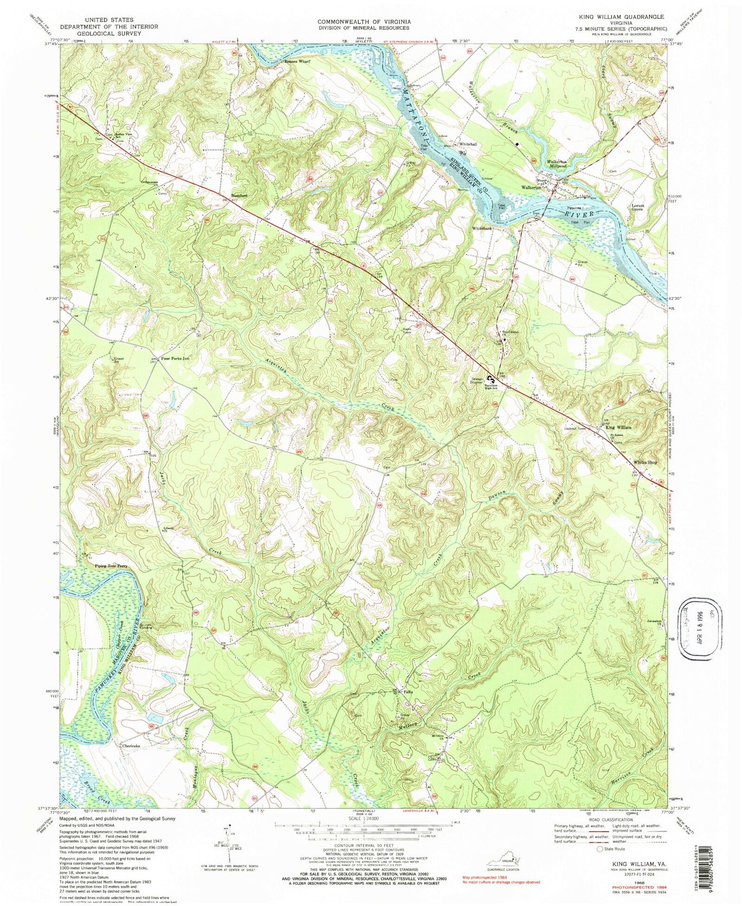 Classic USGS King William Virginia 7.5'x7.5' Topo Map Image