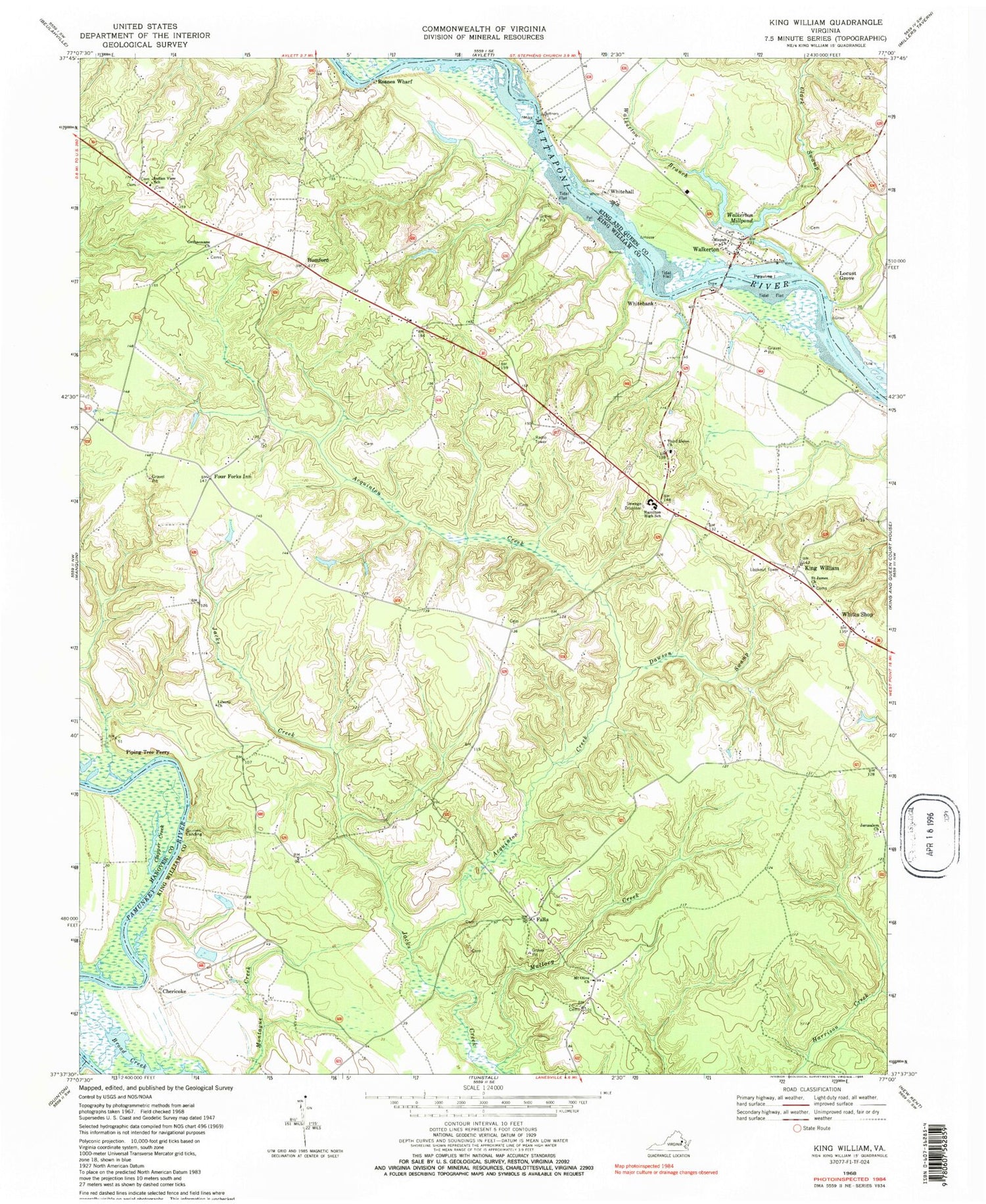Classic USGS King William Virginia 7.5'x7.5' Topo Map Image