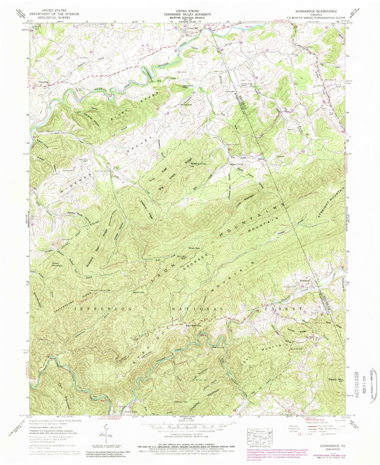 Classic USGS Konnarock Virginia 7.5'x7.5' Topo Map Image