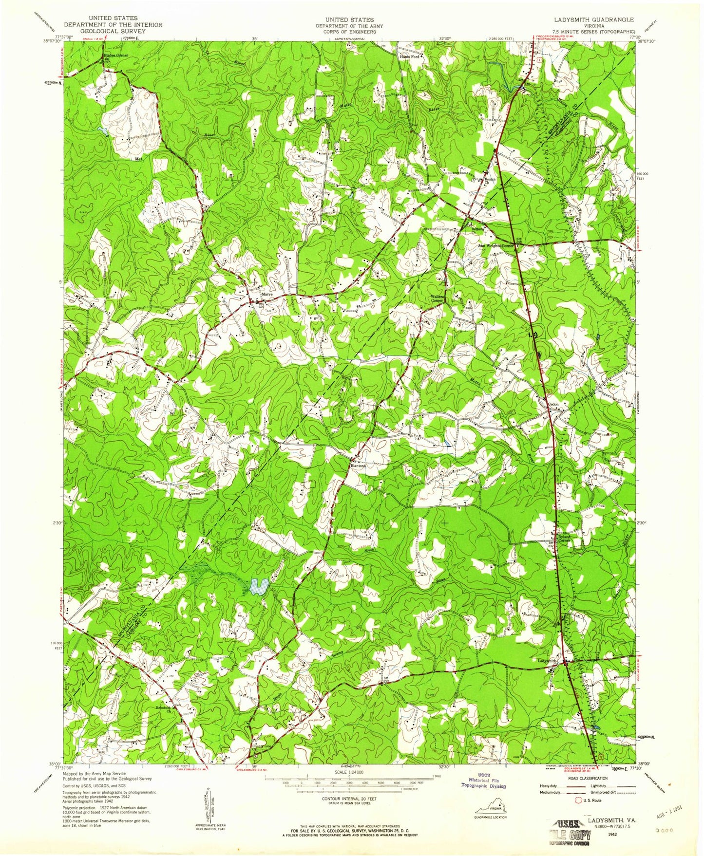 Classic USGS Ladysmith Virginia 7.5'x7.5' Topo Map Image