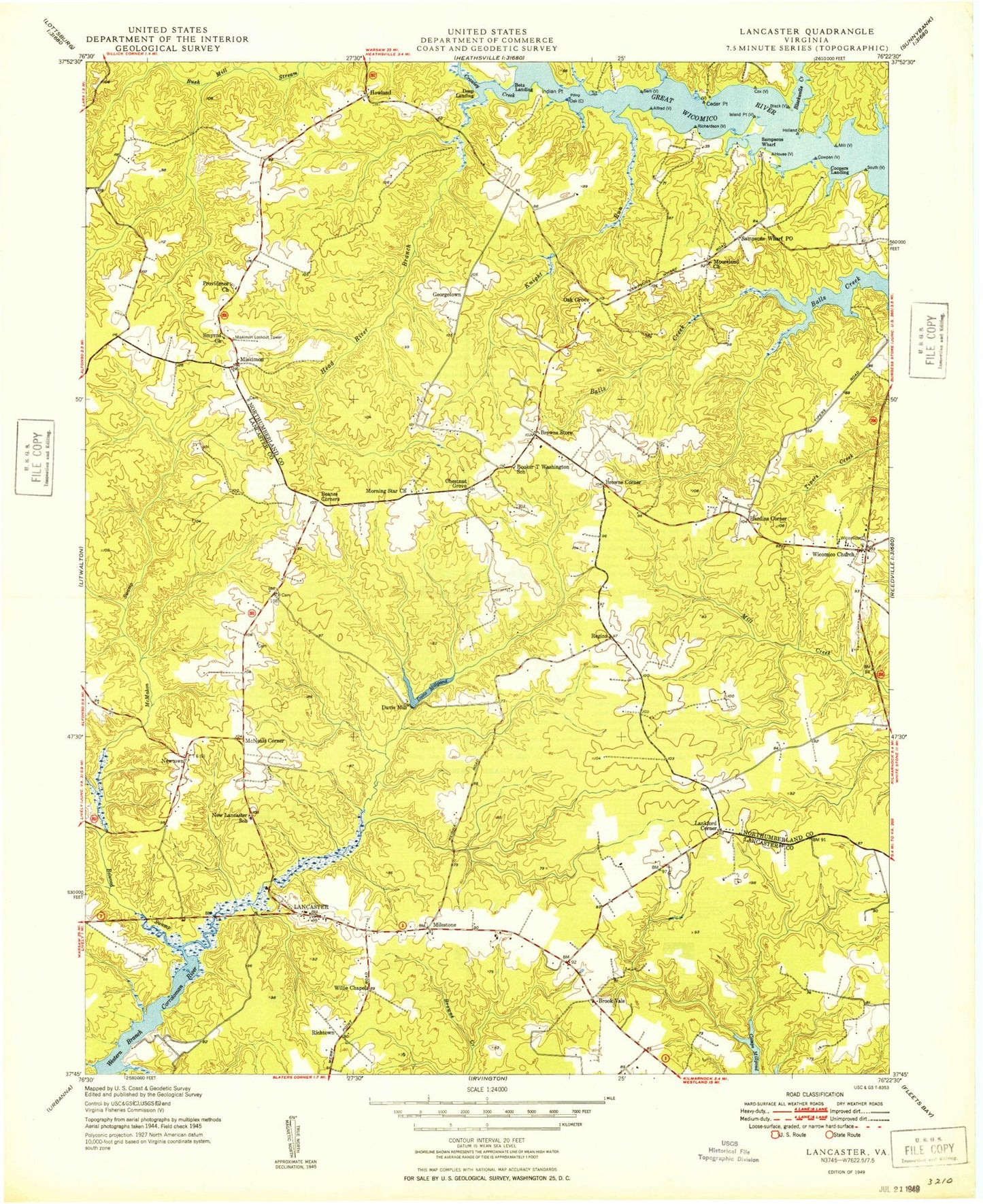 Classic USGS Lancaster Virginia 7.5'x7.5' Topo Map Image