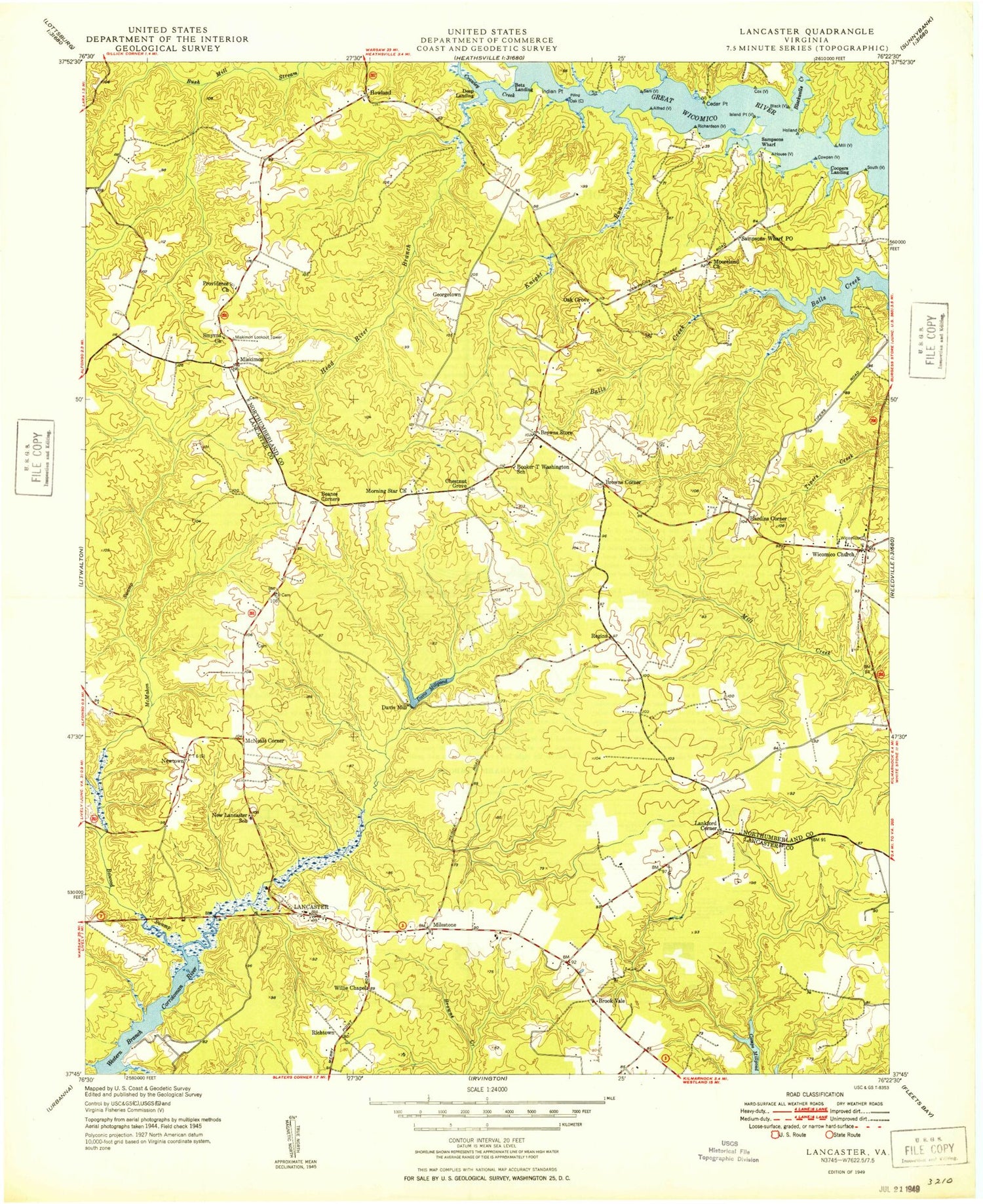 Classic USGS Lancaster Virginia 7.5'x7.5' Topo Map Image