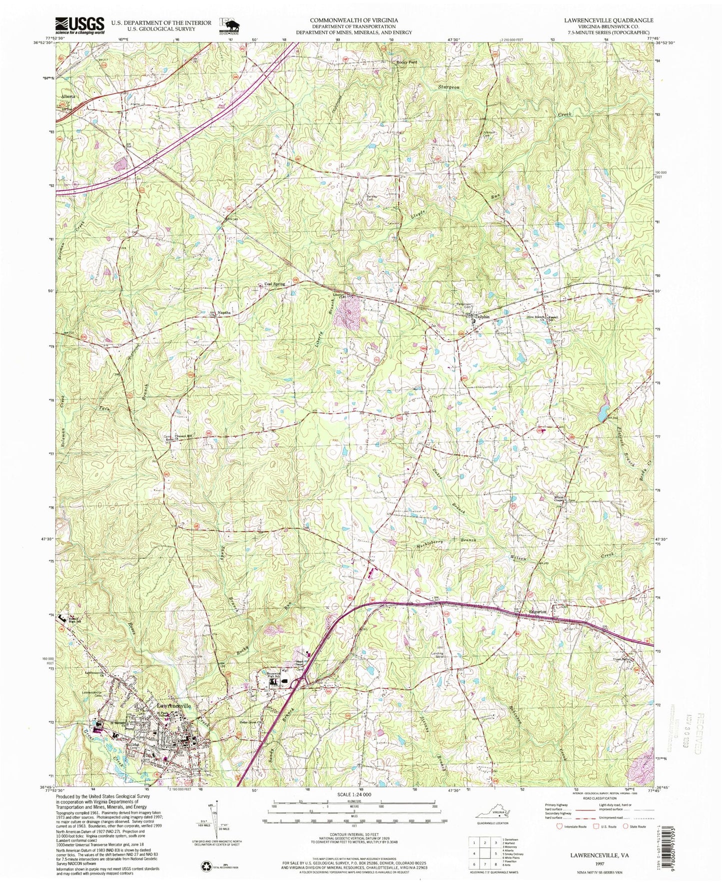 Classic USGS Lawrenceville Virginia 7.5'x7.5' Topo Map Image