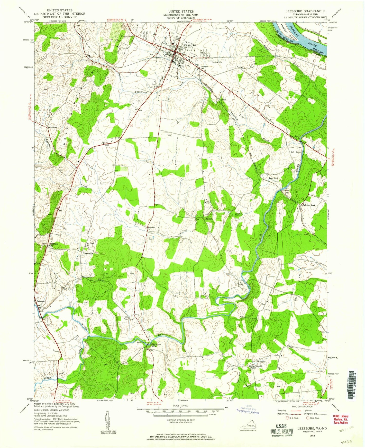 Classic USGS Leesburg Virginia 7.5'x7.5' Topo Map Image