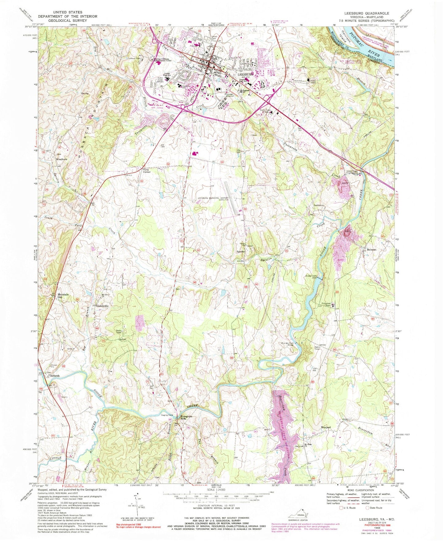 Classic USGS Leesburg Virginia 7.5'x7.5' Topo Map Image